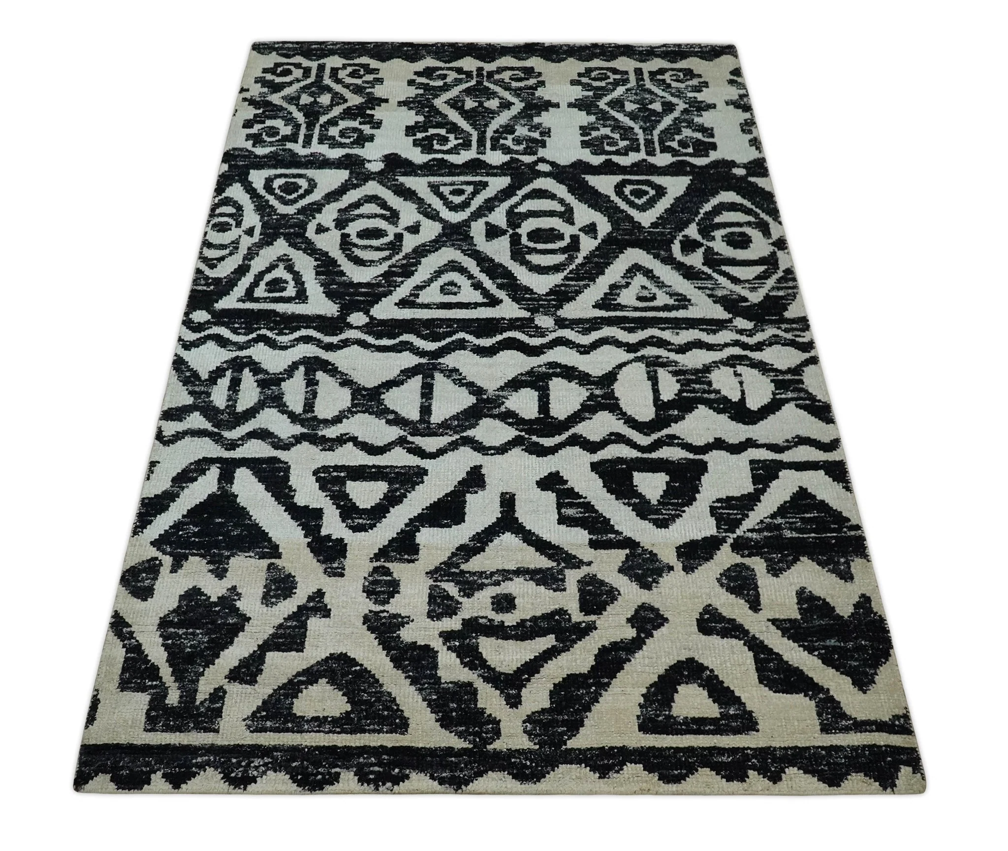 Hand Knotted Ivory and Black Antique Design Contemporary Recycled Silk Area Rug - Image 11