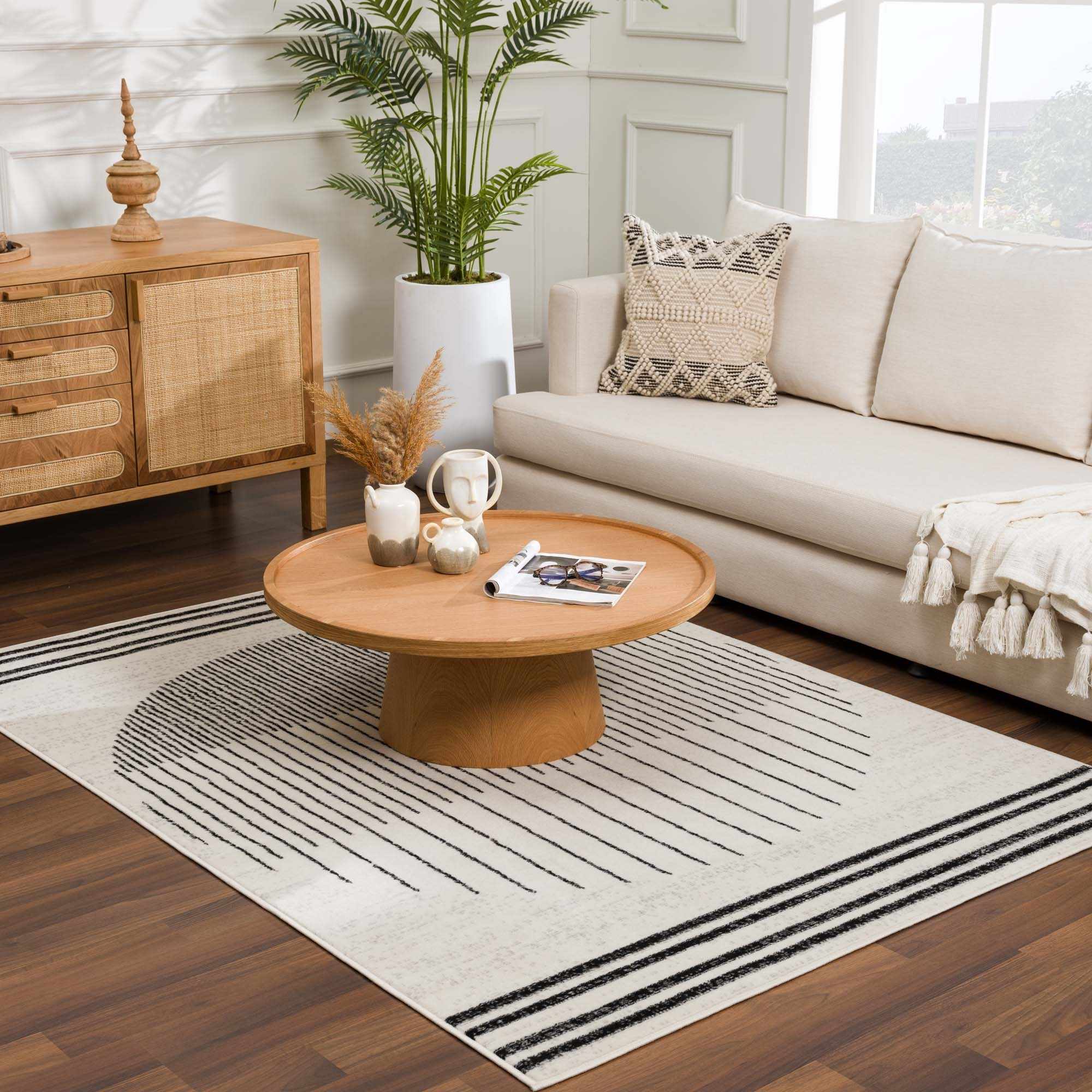 Ivory and Black Modern Geometrical Stripes Design Contemporary Multi Size Area Rug - Image 14