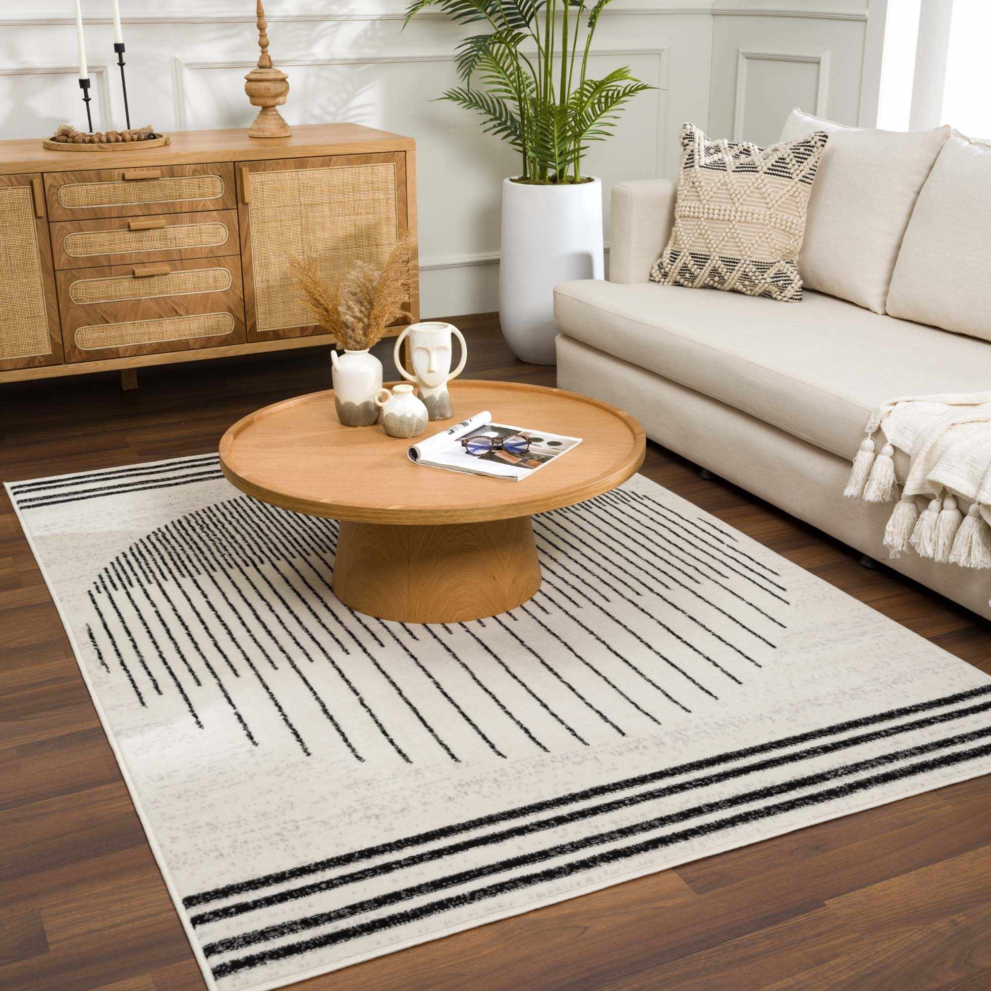 Ivory and Black Modern Geometrical Stripes Design Contemporary Multi Size Area Rug - Image 15
