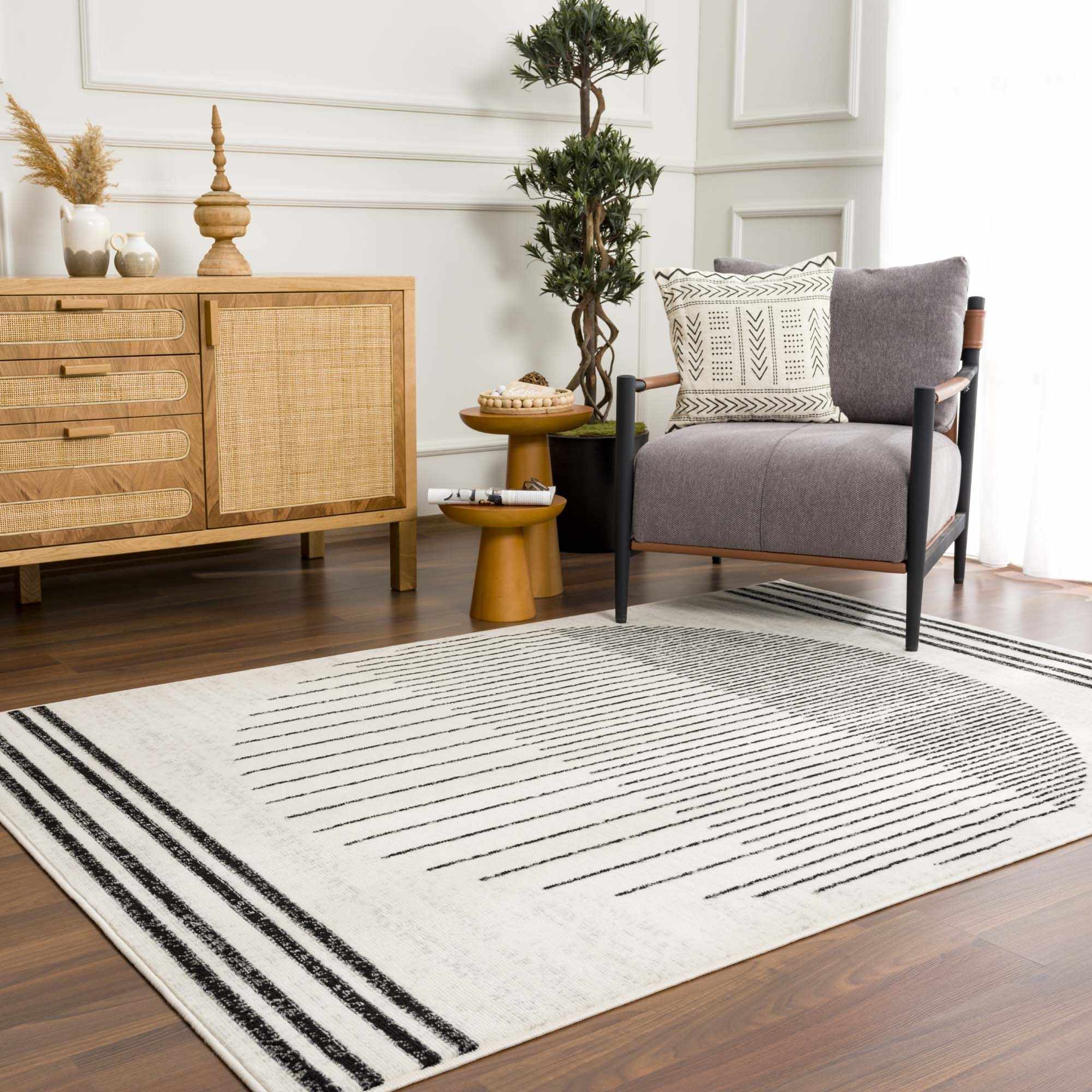 Ivory and Black Modern Geometrical Stripes Design Contemporary Multi Size Area Rug - Image 16
