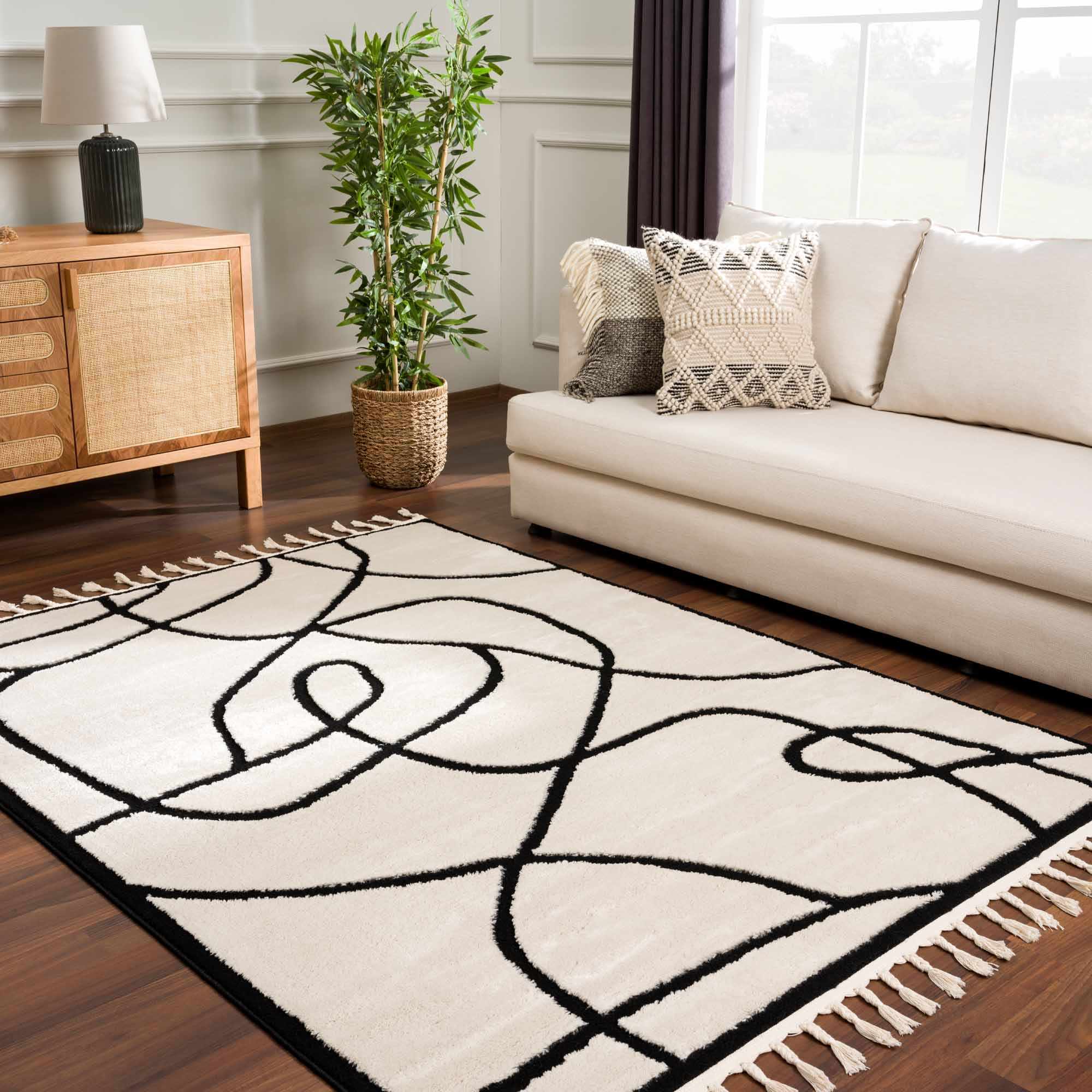 Ivory and Black Modern Lines Art Washable Area Rug - Image 16