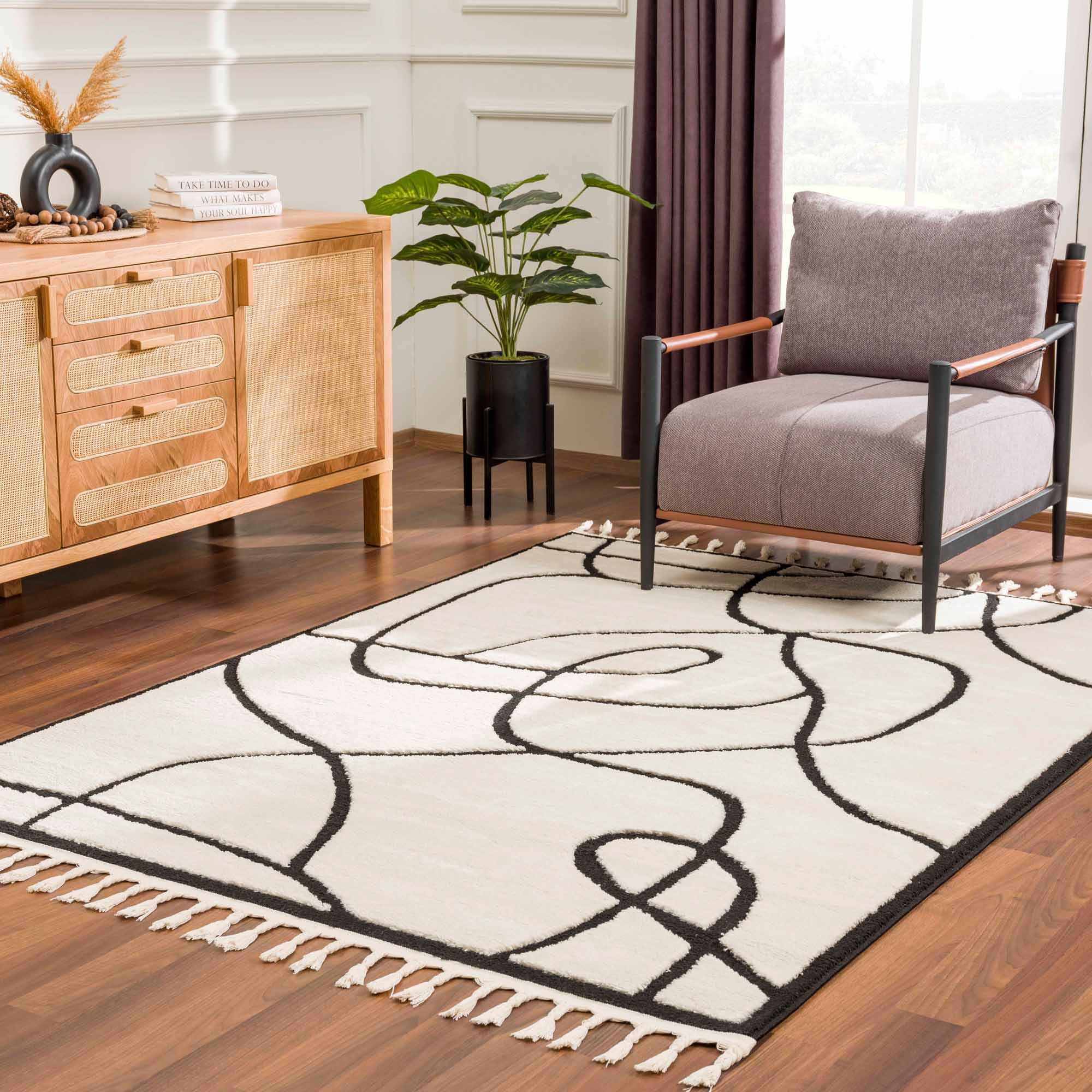 Ivory and Black Modern Lines Art Washable Area Rug - Image 17