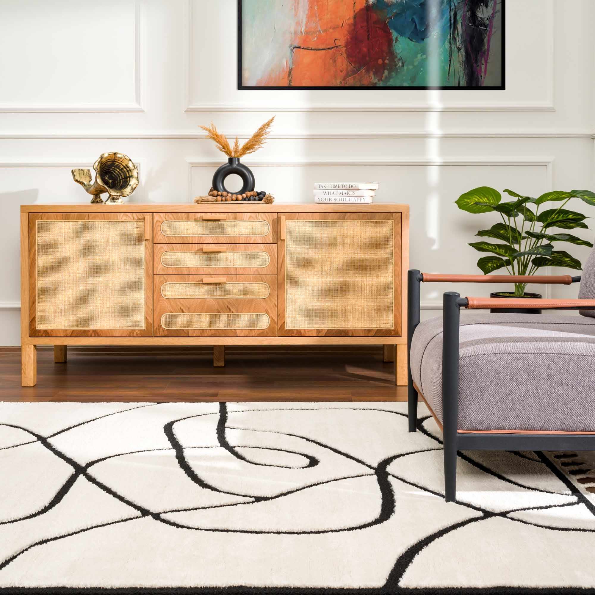 Ivory and Black Modern Lines Art Washable Area Rug - Image 18