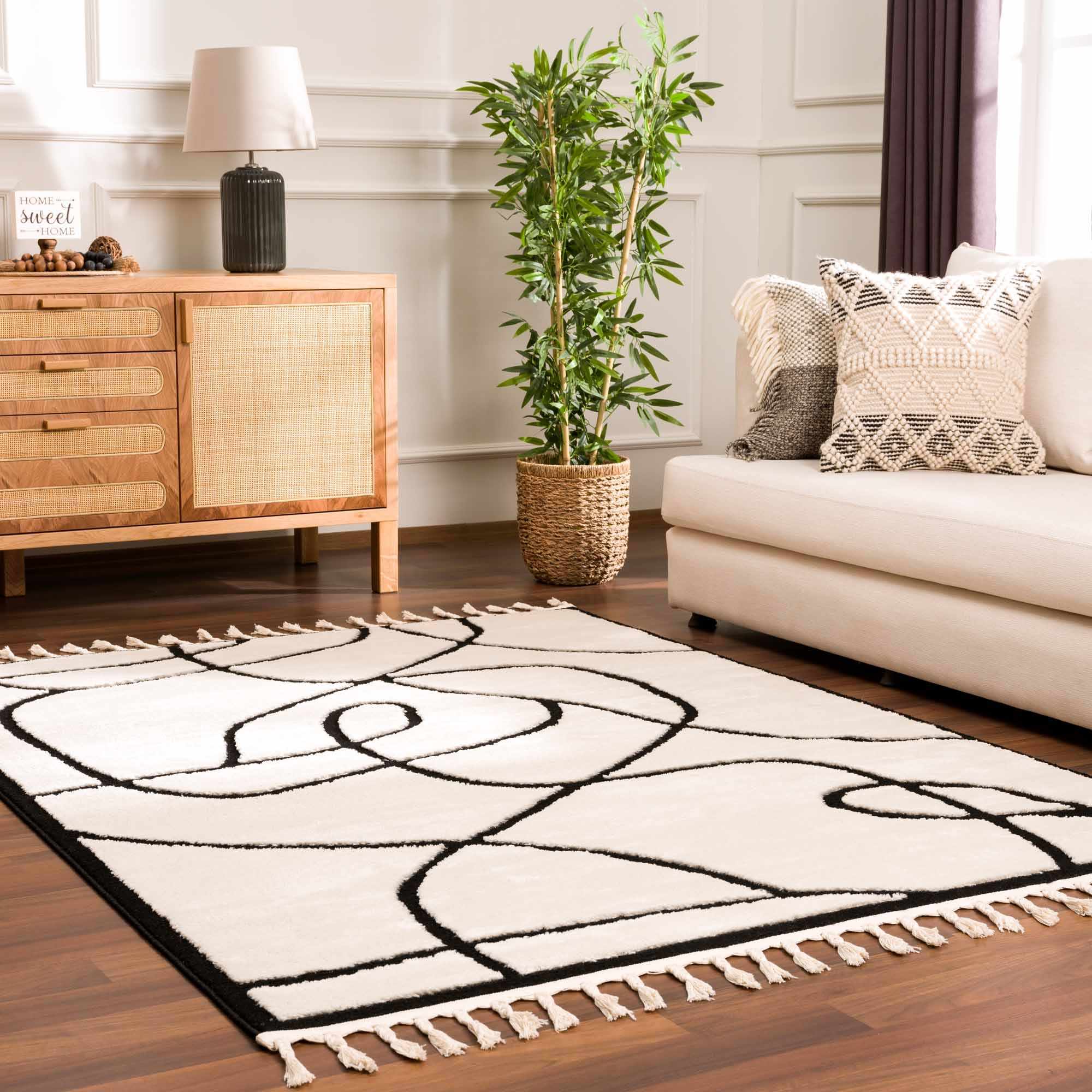Ivory and Black Modern Lines Art Washable Area Rug - Image 3