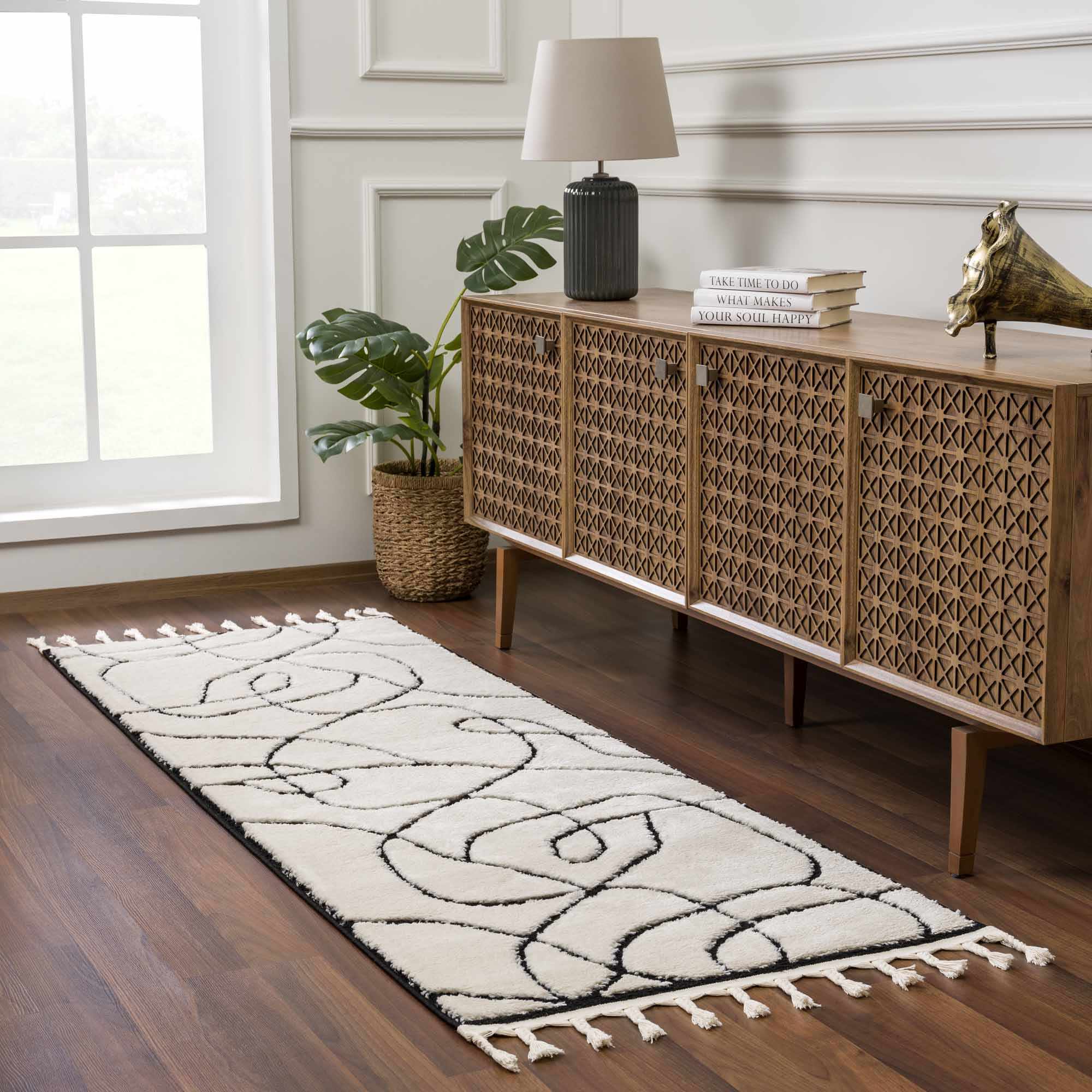 Ivory and Black Modern Lines Art Washable Area Rug - Image 4