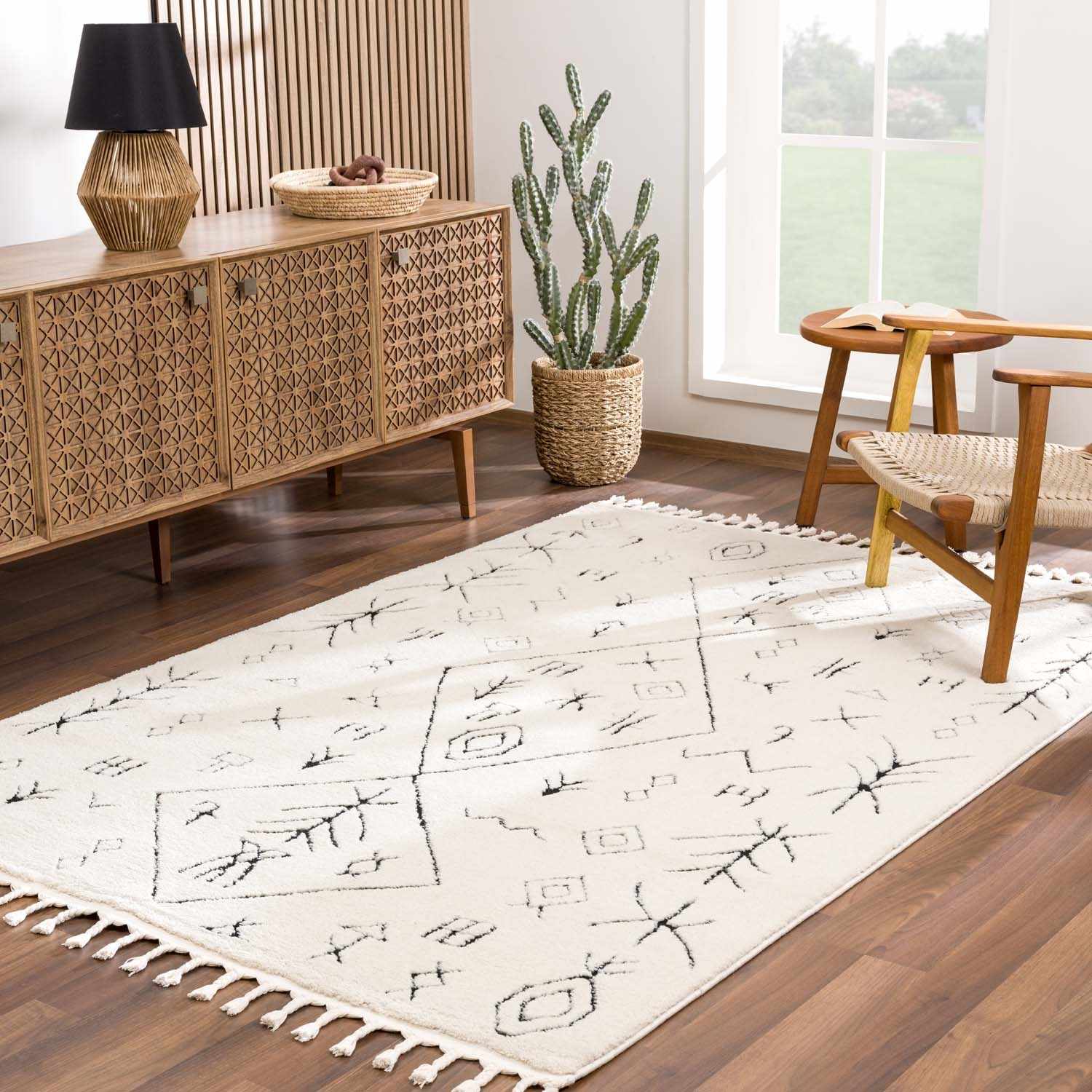 Tribal look Ivory and Black plush pile Texture Area Rug - Image 2