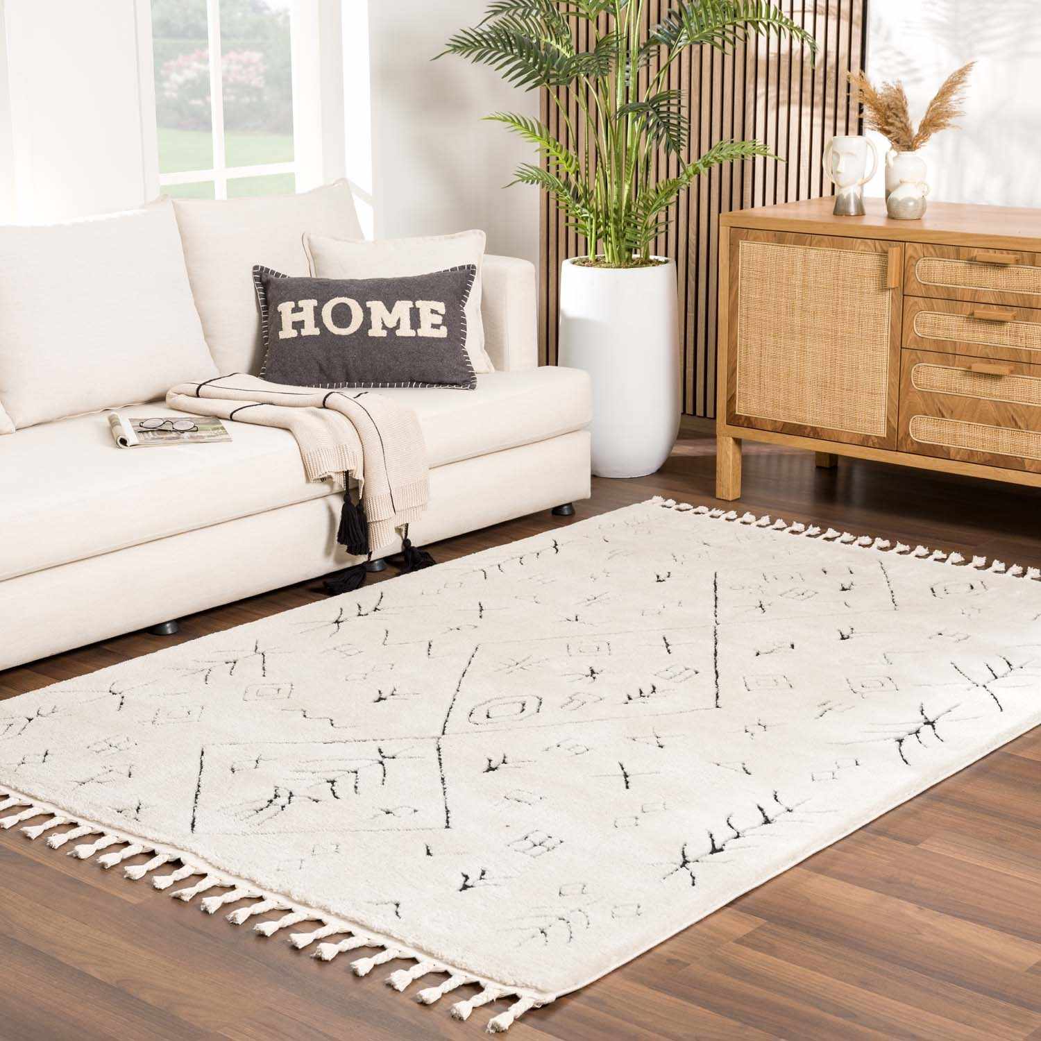 Tribal look Ivory and Black plush pile Texture Area Rug - Image 3