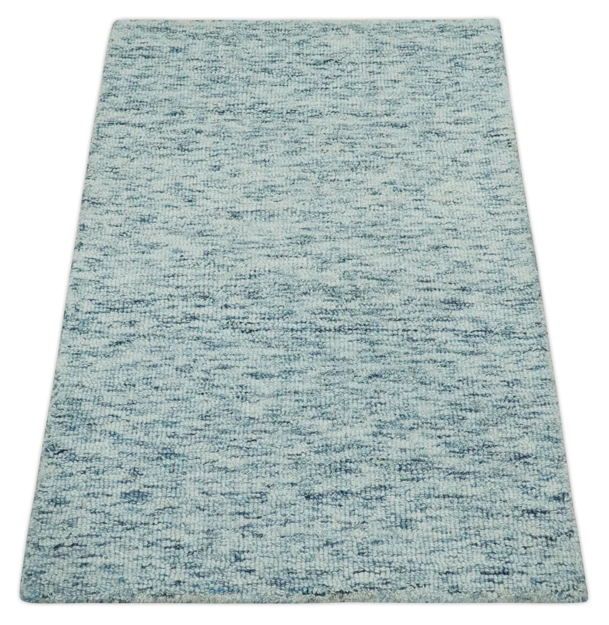 Custom Made Ivory and Blue Abstract Hand Tufted Natural Wool Area Rug - Image 9
