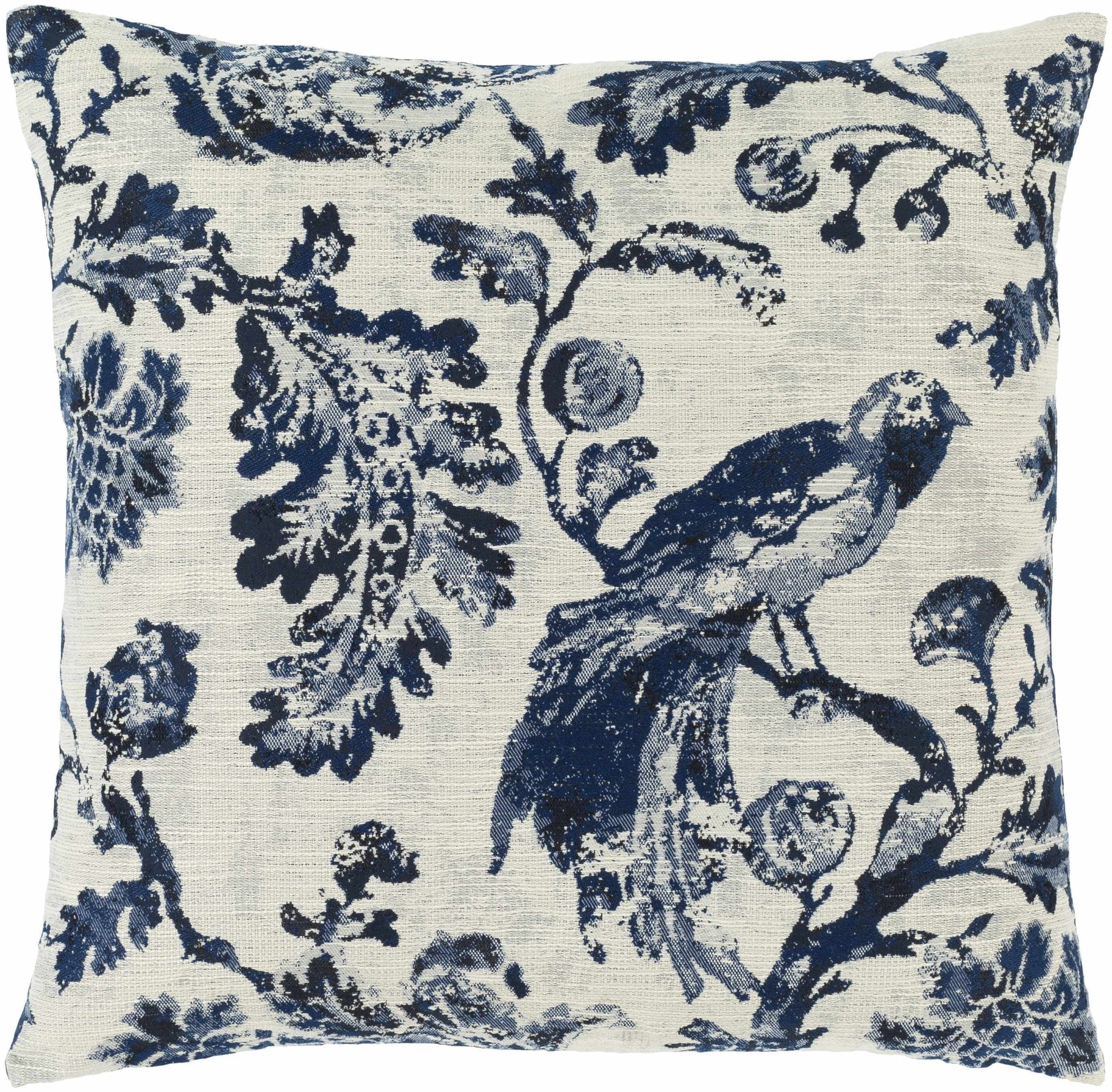Ivory and Blue Floral Bird Printed Square Throw Pillow - Image 2