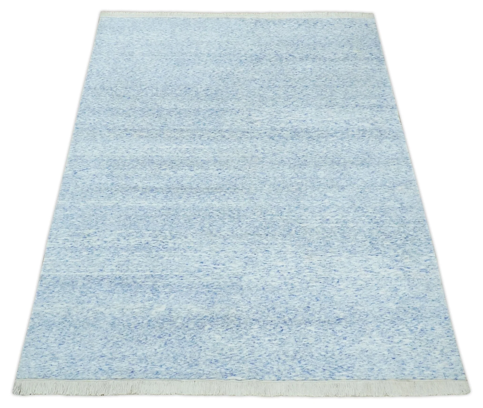 Modern Abstract Ivory and Blue 5.6x8 Hand Knotted Bamboo Silk Area Rug - Image 10