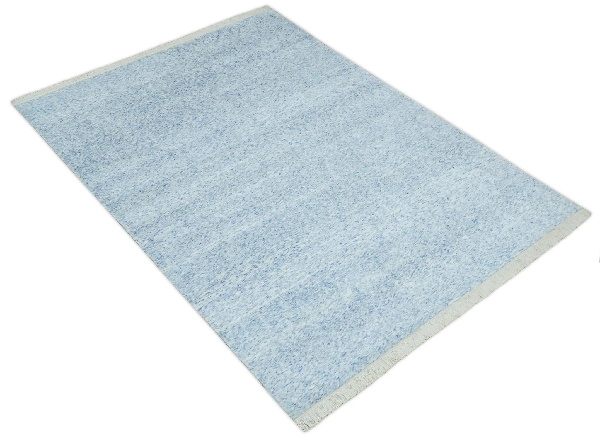 Modern Abstract Ivory and Blue 5.6x8 Hand Knotted Bamboo Silk Area Rug - Image 11