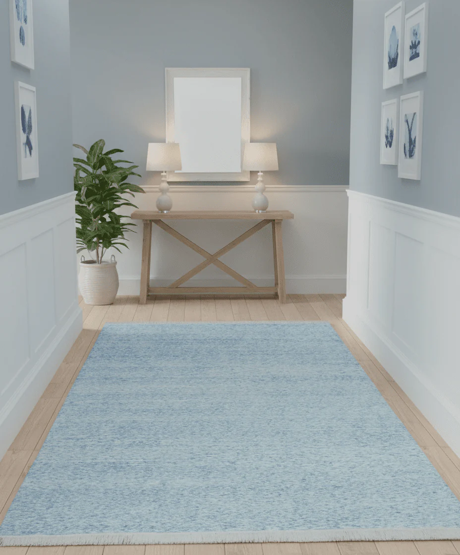 Modern Abstract Ivory and Blue 5.6x8 Hand Knotted Bamboo Silk Area Rug - Image 2