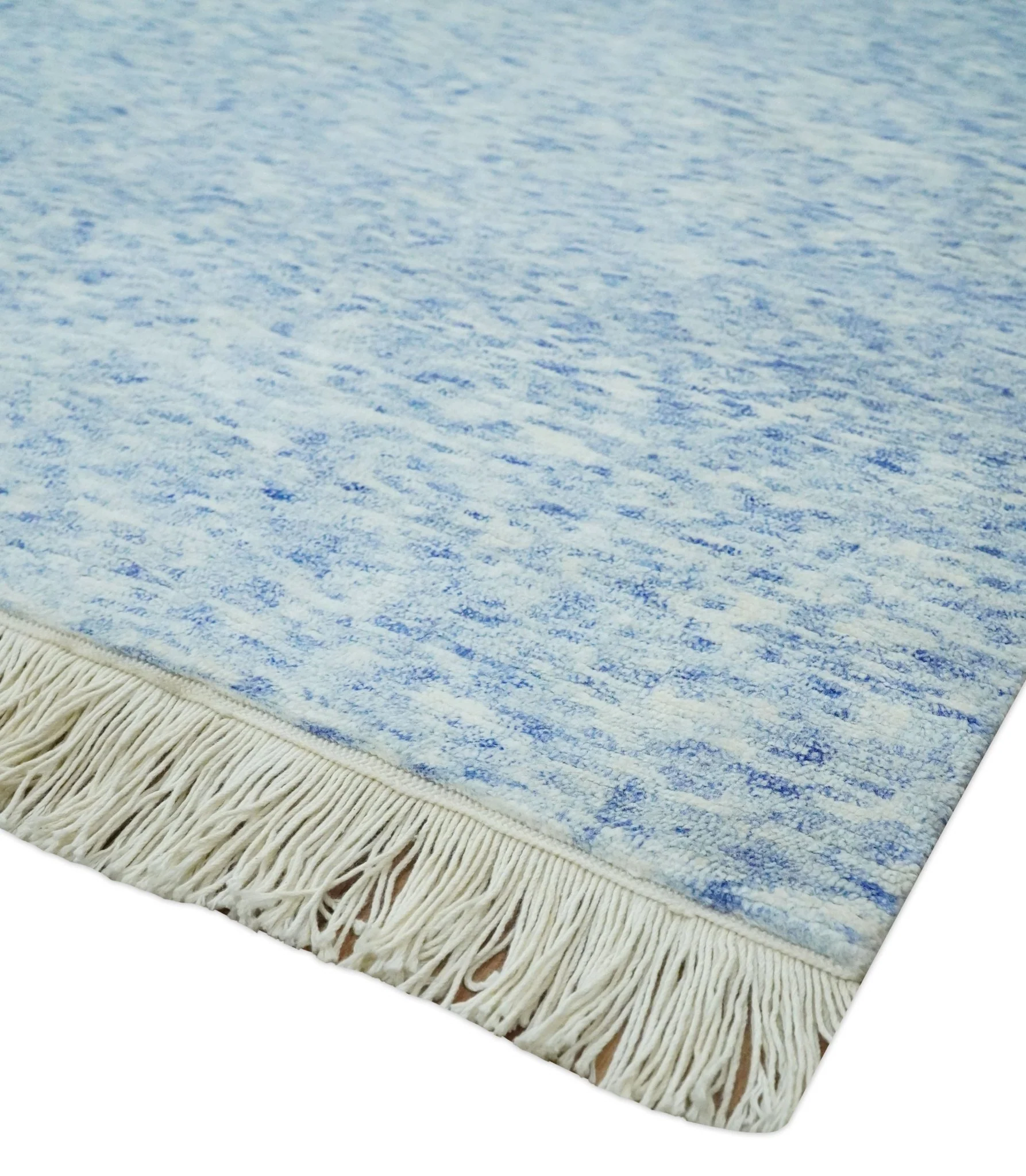 Modern Abstract Ivory and Blue 5.6x8 Hand Knotted Bamboo Silk Area Rug - Image 6