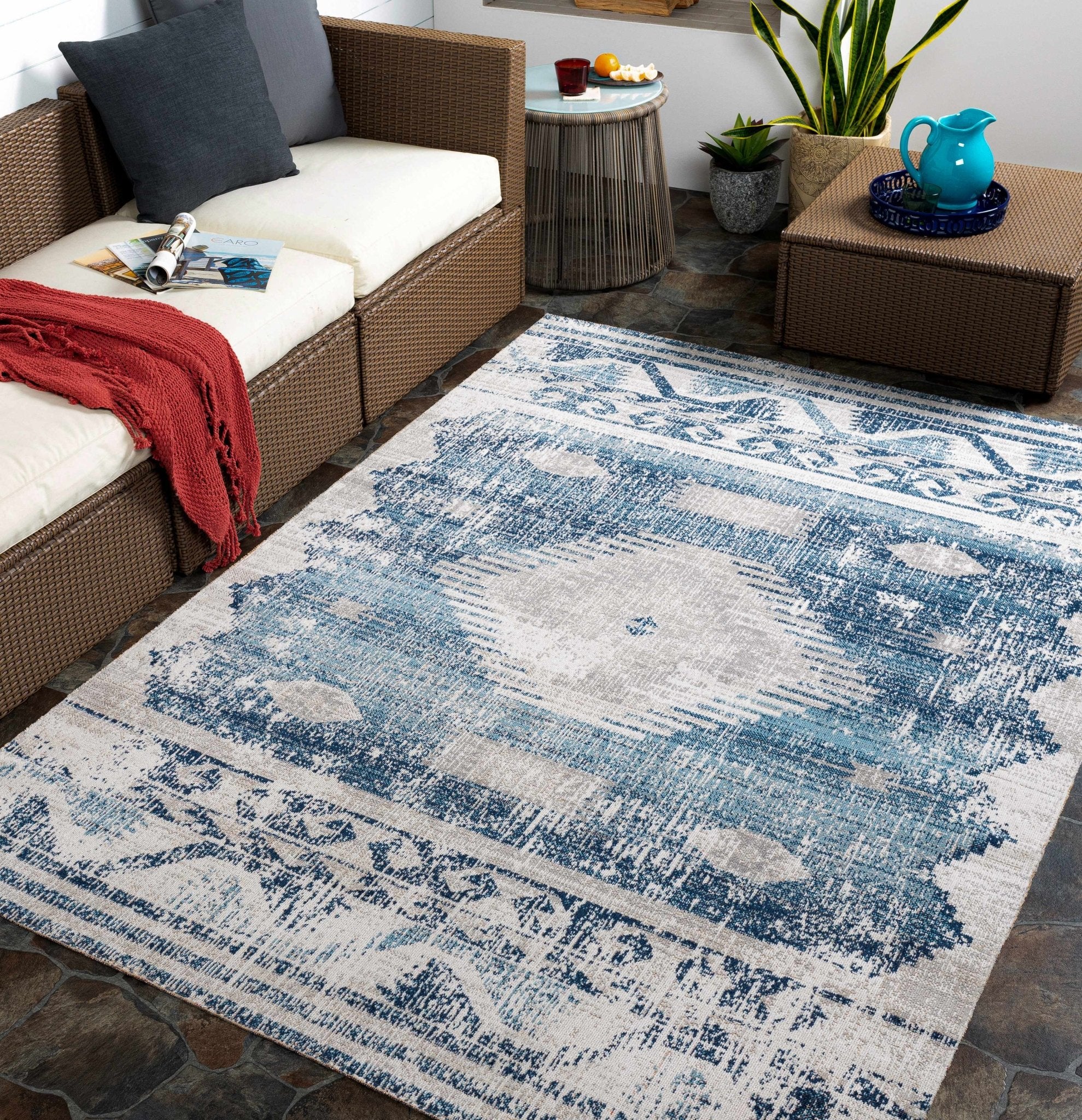 Antique look Ivory and Blue Mamluk Design Outdoor safe Rug - Image 3