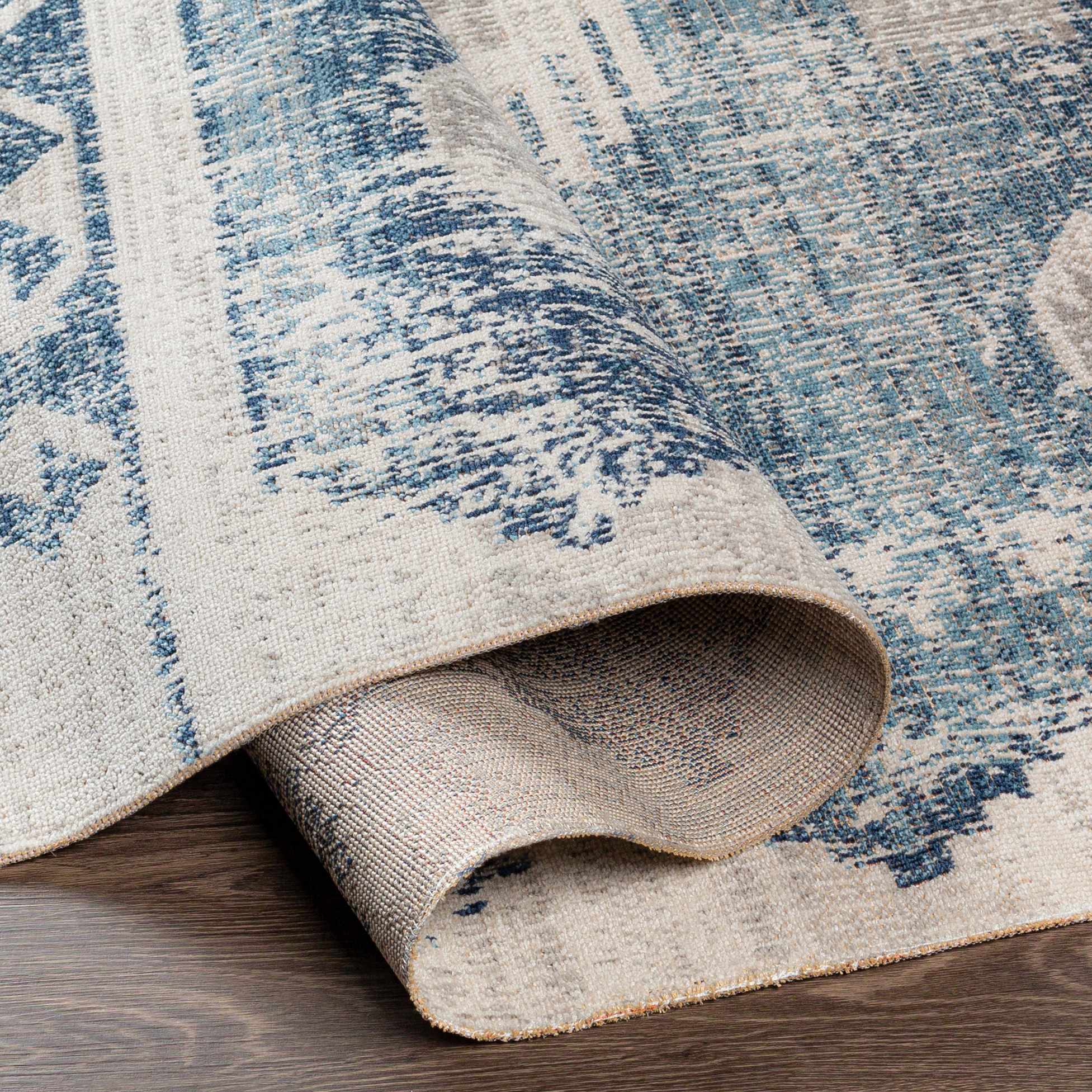 Antique look Ivory and Blue Mamluk Design Outdoor safe Rug - Image 6