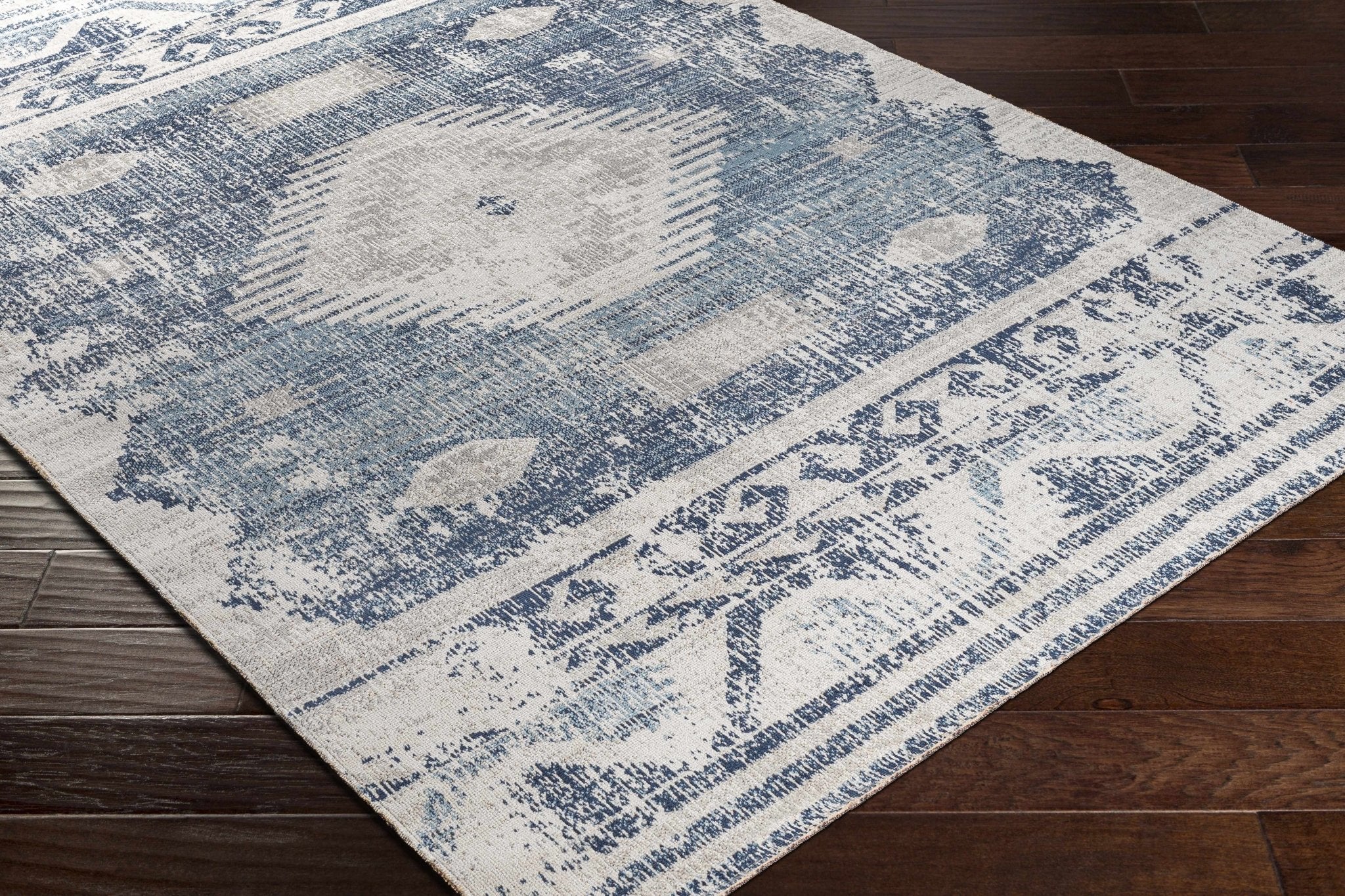 Antique look Ivory and Blue Mamluk Design Outdoor safe Rug - Image 7