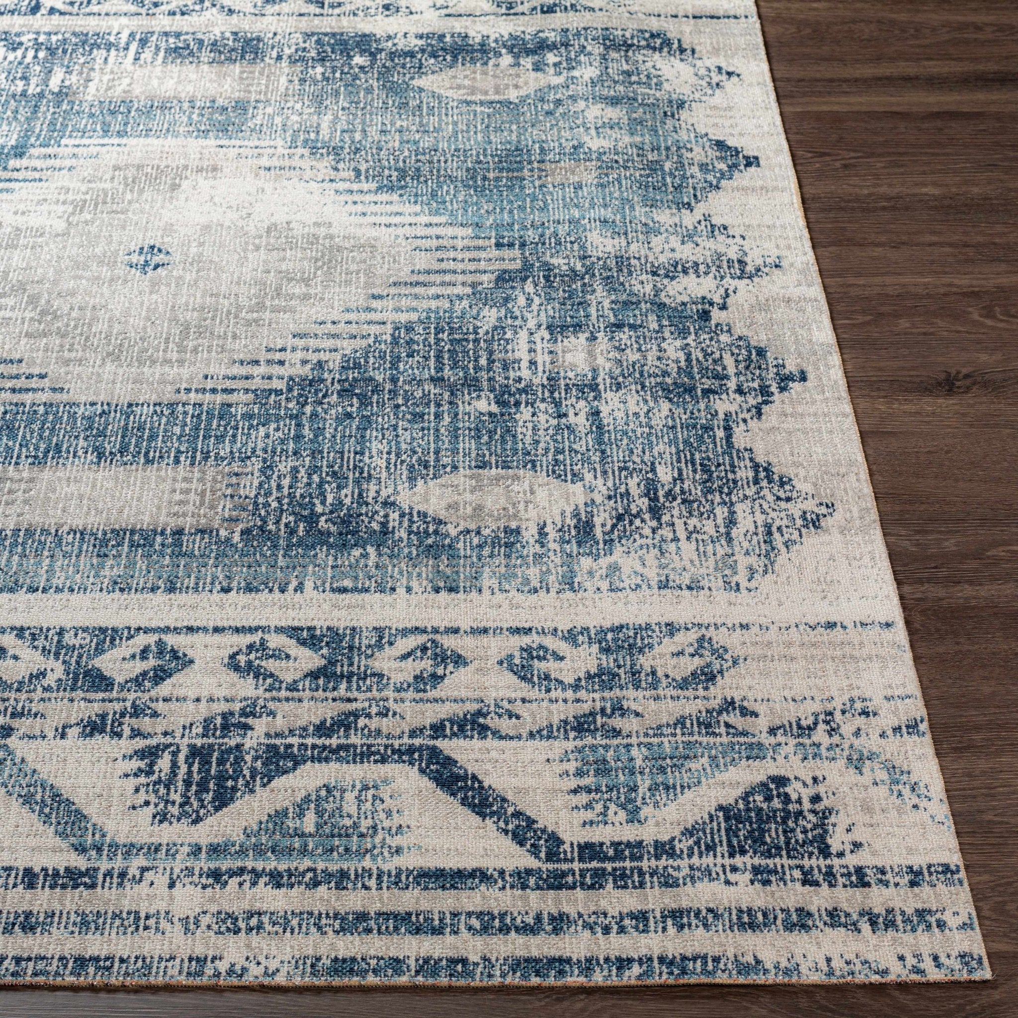 Antique look Ivory and Blue Mamluk Design Outdoor safe Rug - Image 8