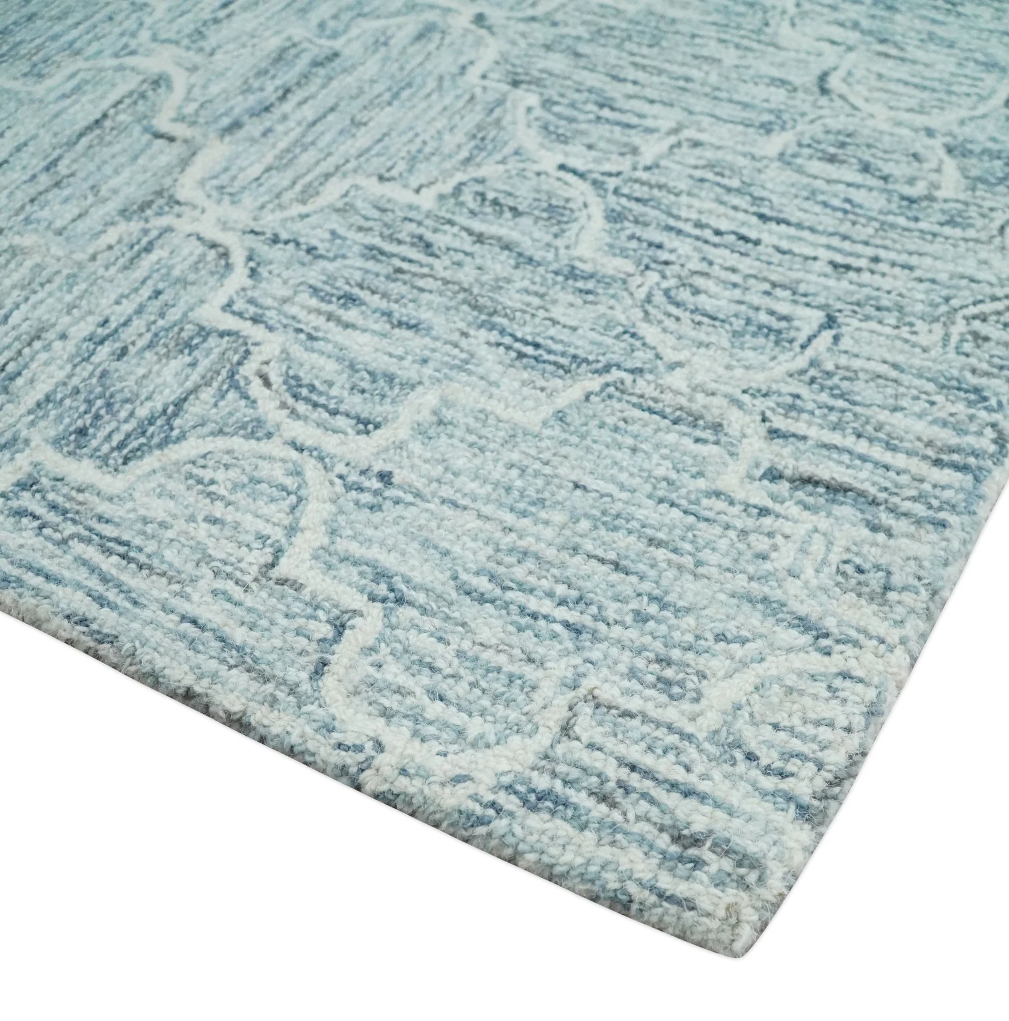 Ivory and Blue Modern Geometric Hand Tufted Multi Size Natural Wool Area Rug - Image 3