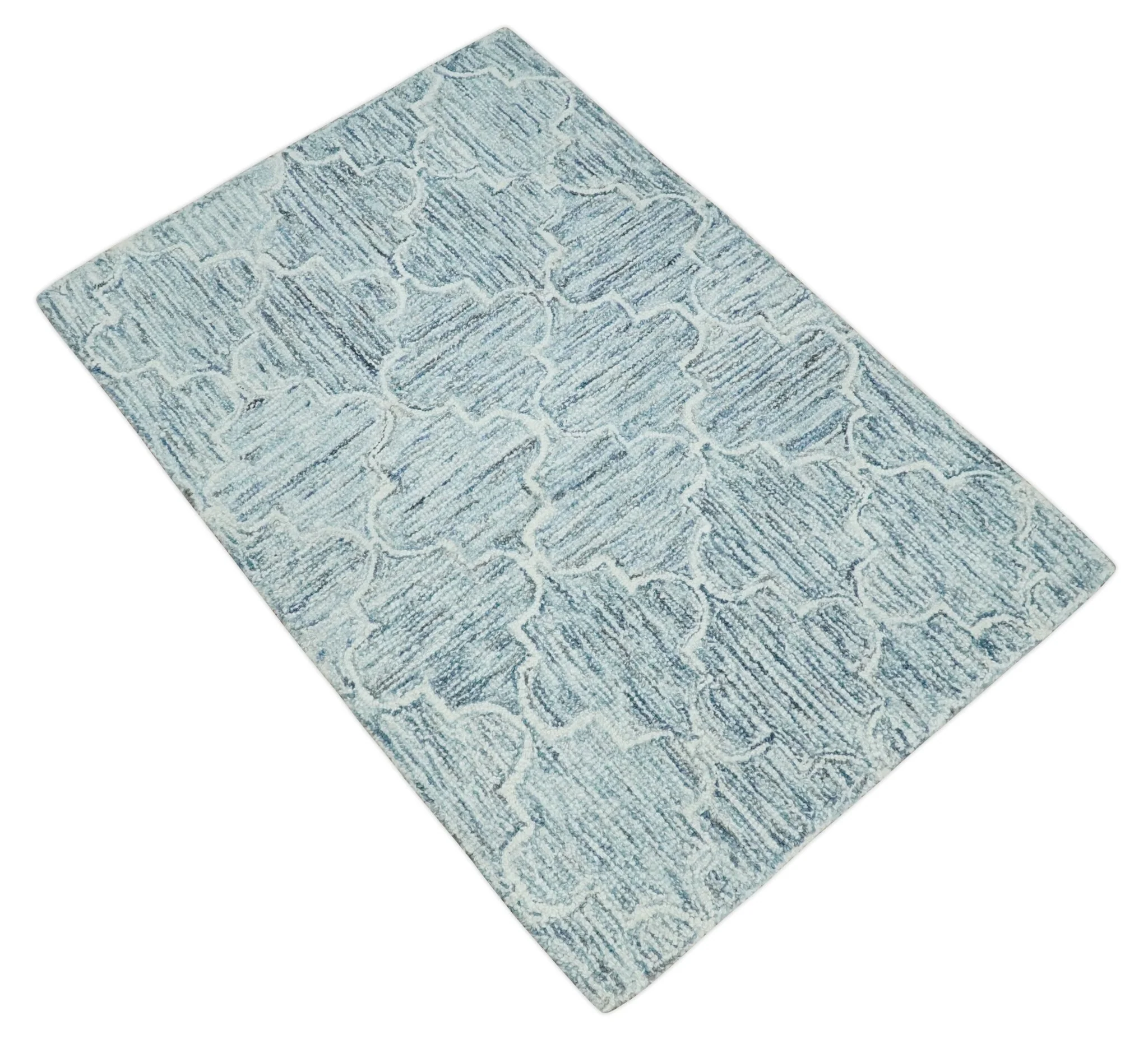 Ivory and Blue Modern Geometric Hand Tufted Multi Size Natural Wool Area Rug - Image 8