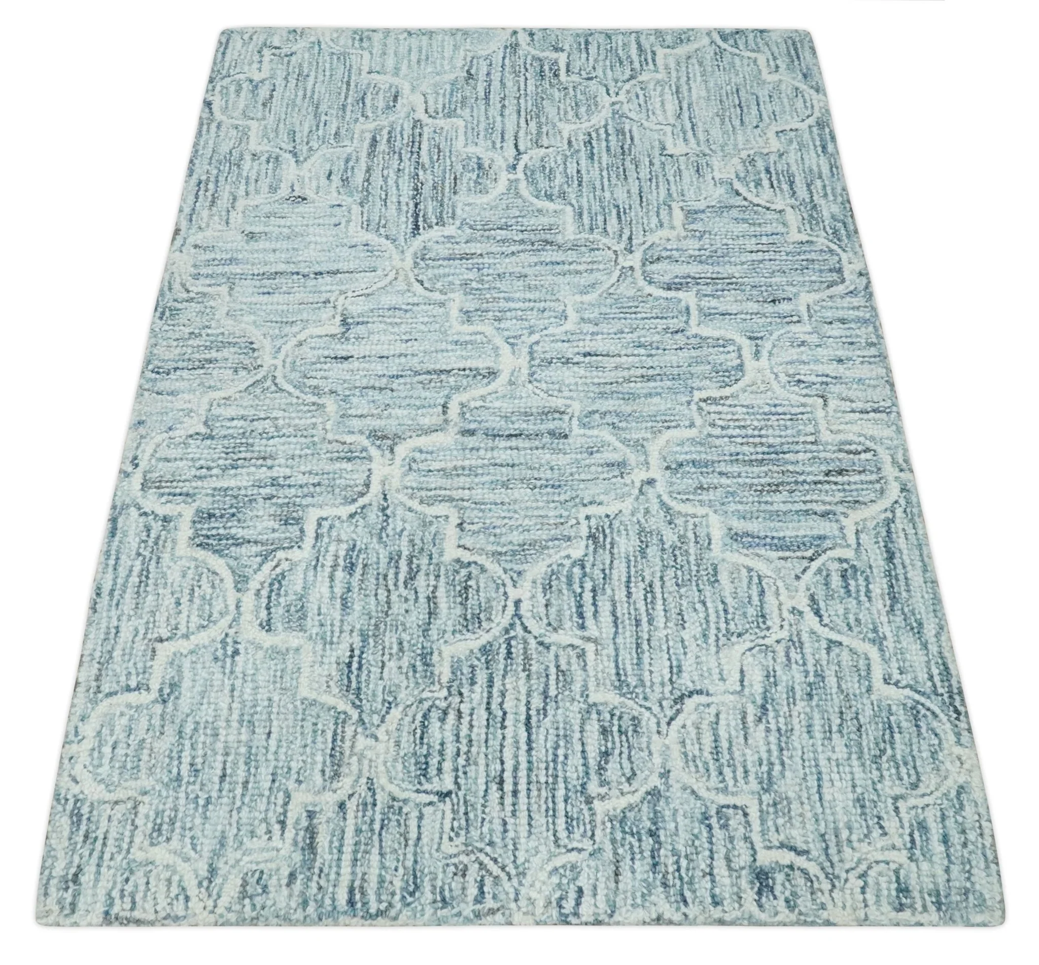 Ivory and Blue Modern Geometric Hand Tufted Multi Size Natural Wool Area Rug - Image 9