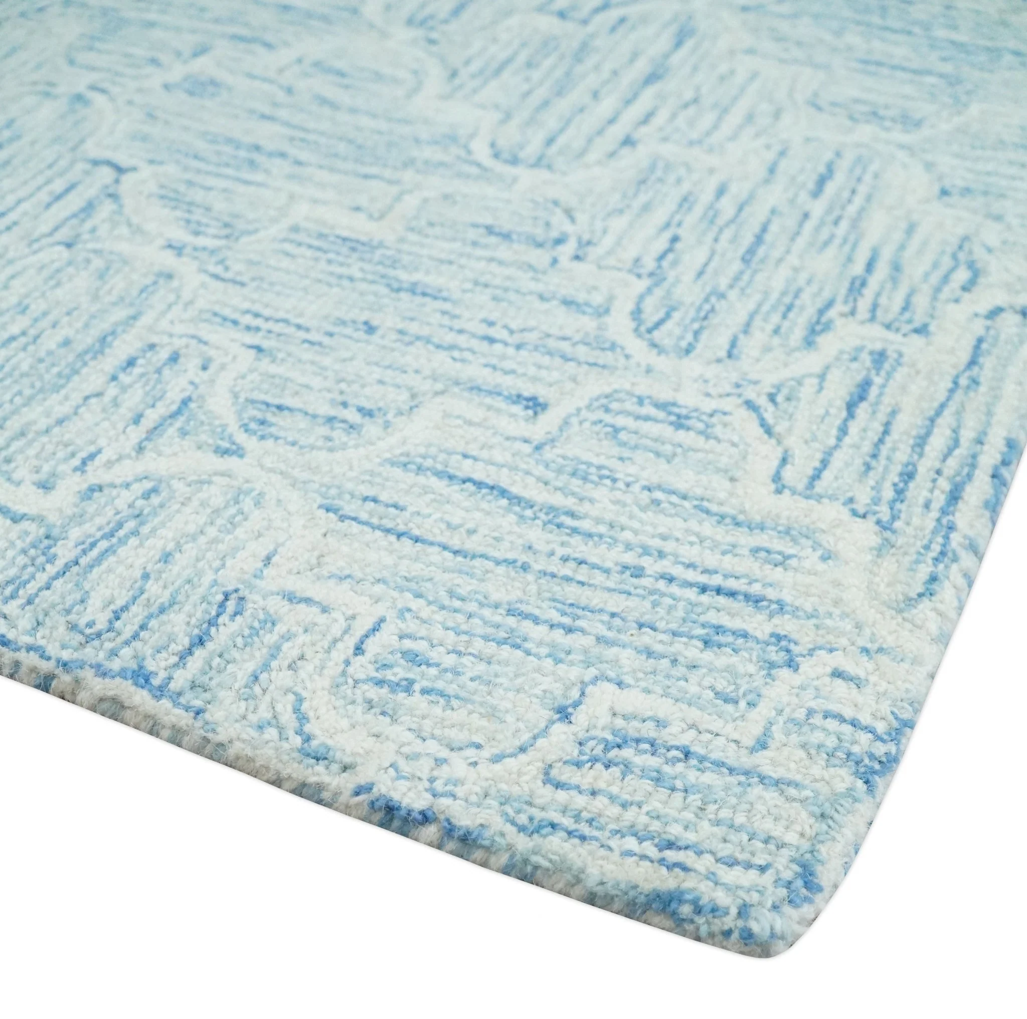 Custom Made Ivory and Blue Modern Geometric Hand Tufted Natural Wool Area Rug - Image 3