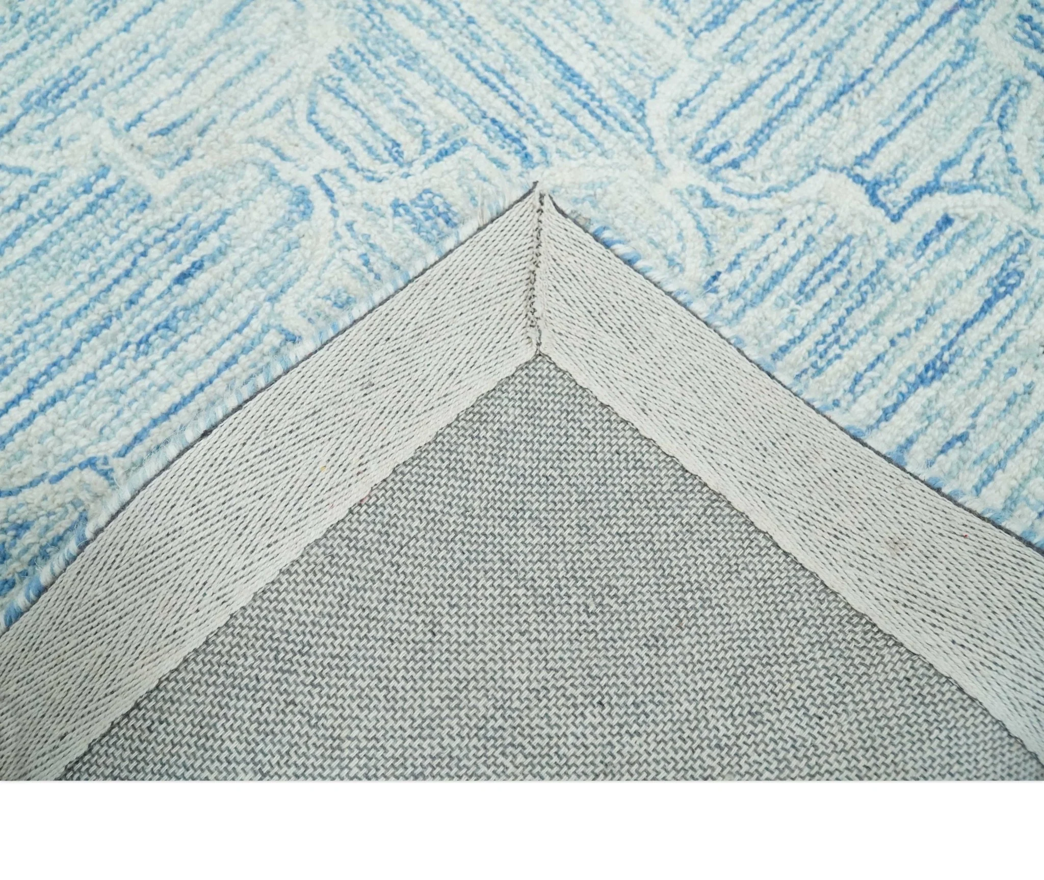 Custom Made Ivory and Blue Modern Geometric Hand Tufted Natural Wool Area Rug - Image 5