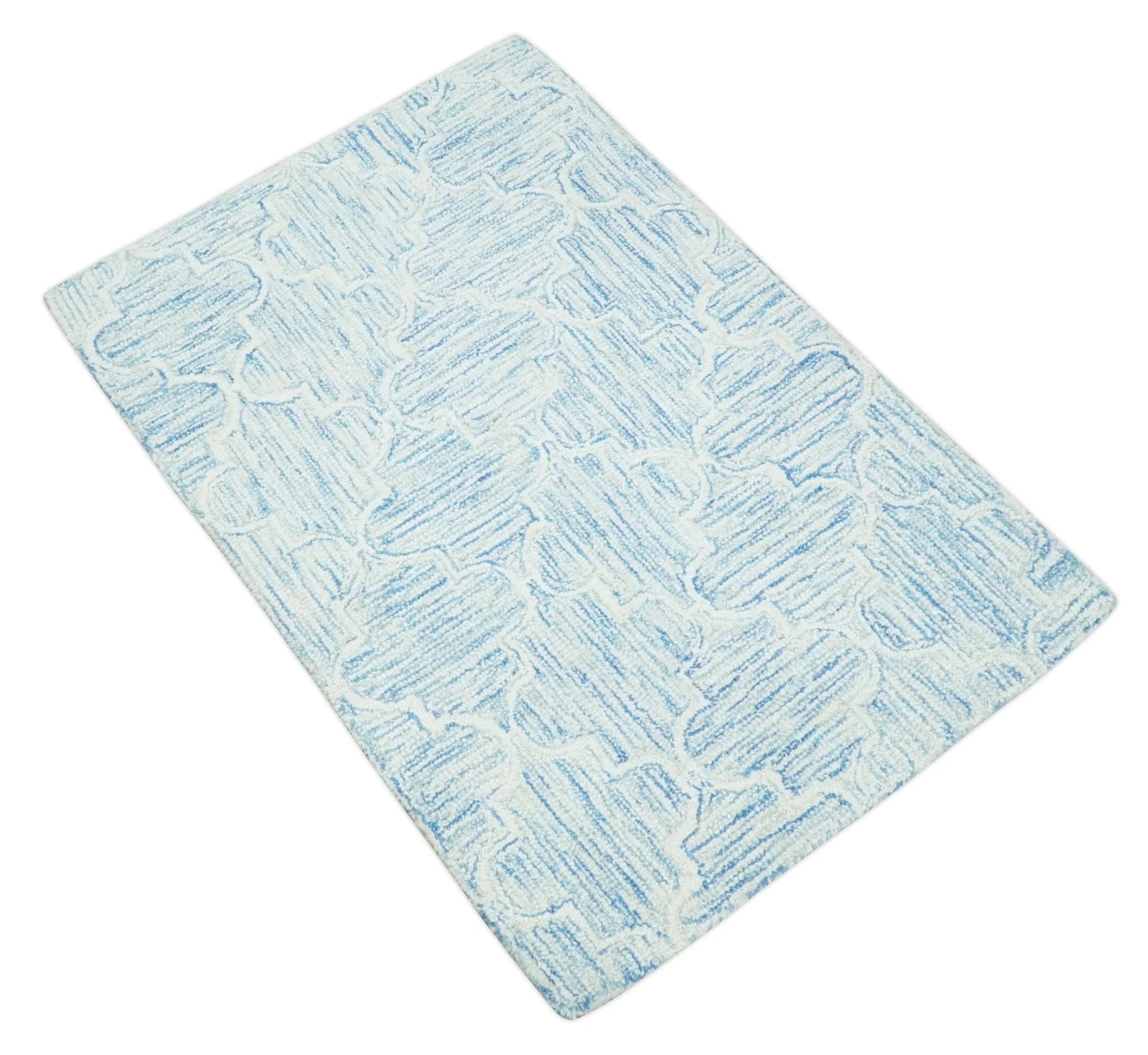 Custom Made Ivory and Blue Modern Geometric Hand Tufted Natural Wool Area Rug - Image 7