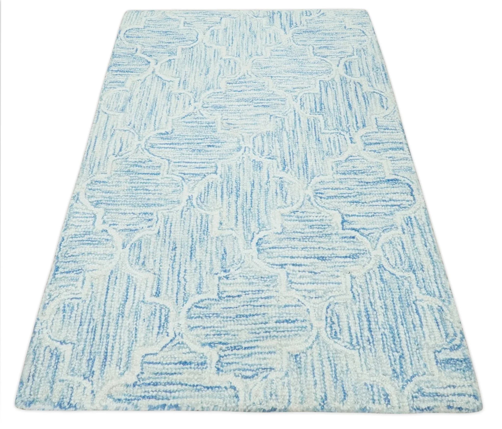 Custom Made Ivory and Blue Modern Geometric Hand Tufted Natural Wool Area Rug - Image 8