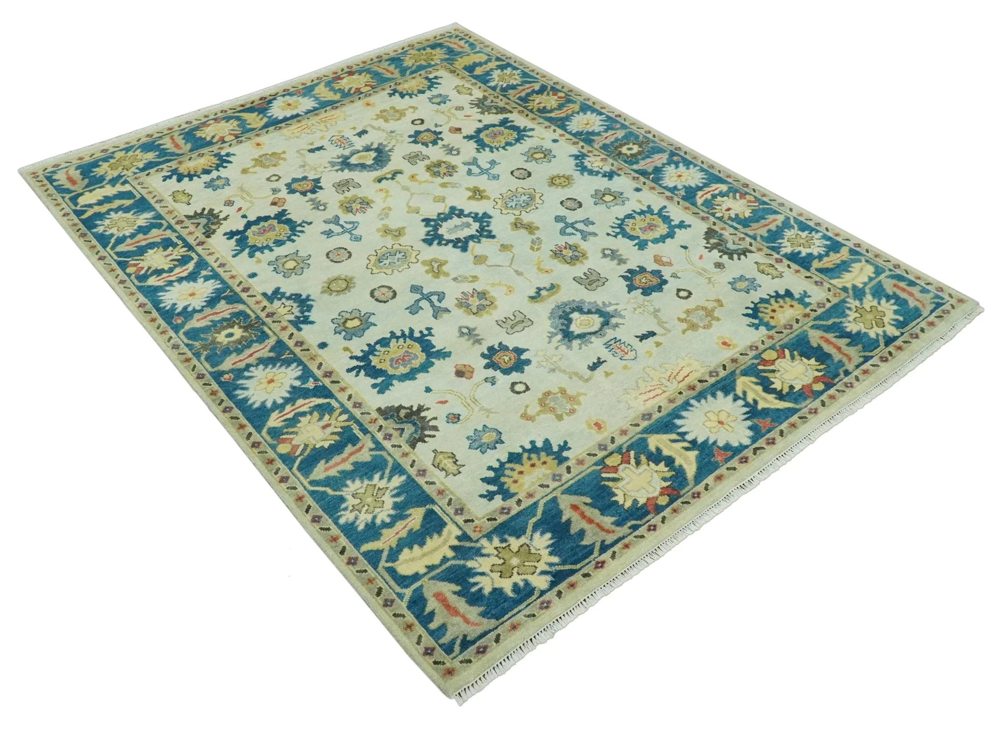 8x10 Hand Knotted Ivory and Blue Traditional Oriental Oushak wool area rug - Image 10