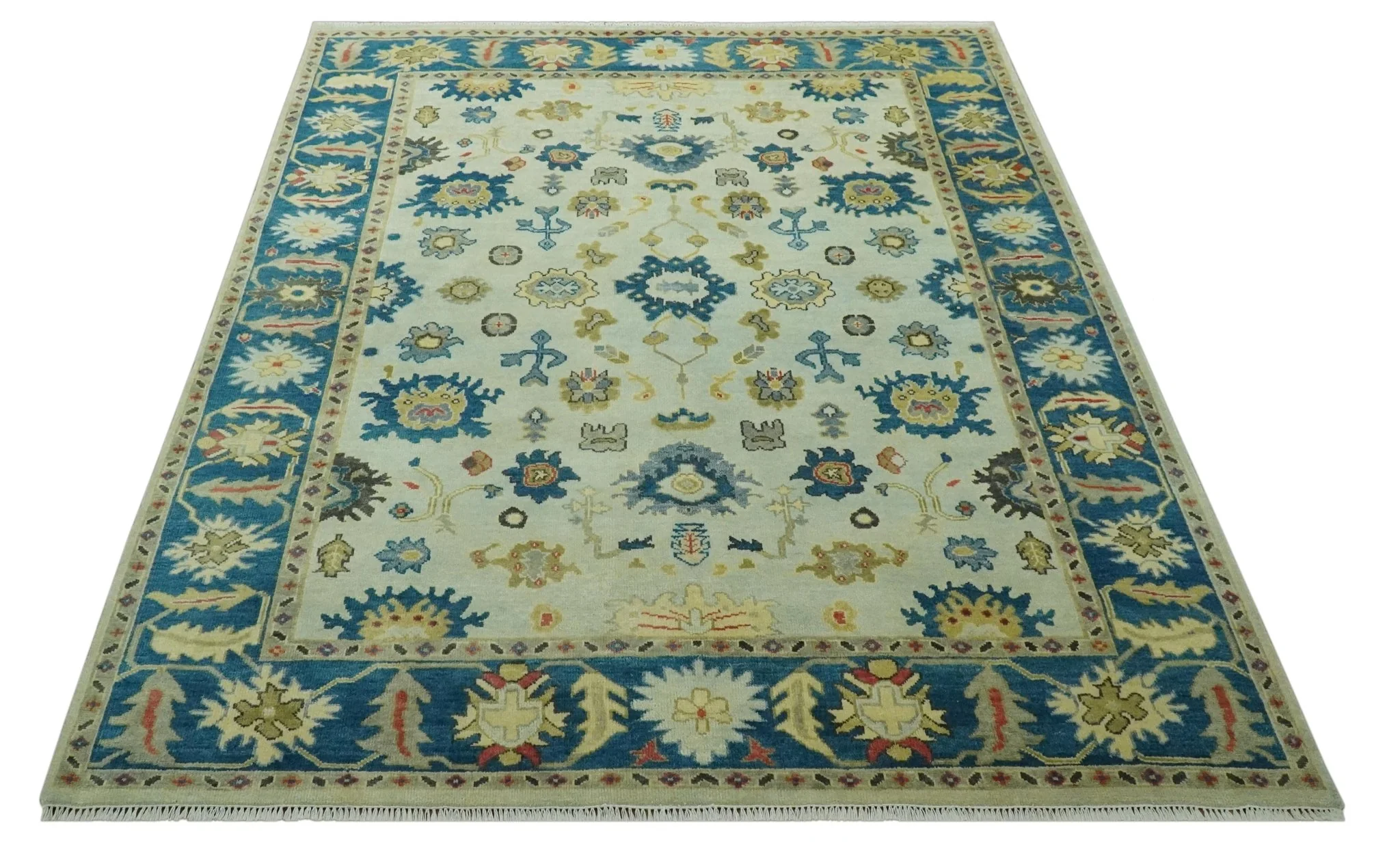 8x10 Hand Knotted Ivory and Blue Traditional Oriental Oushak wool area rug - Image 11
