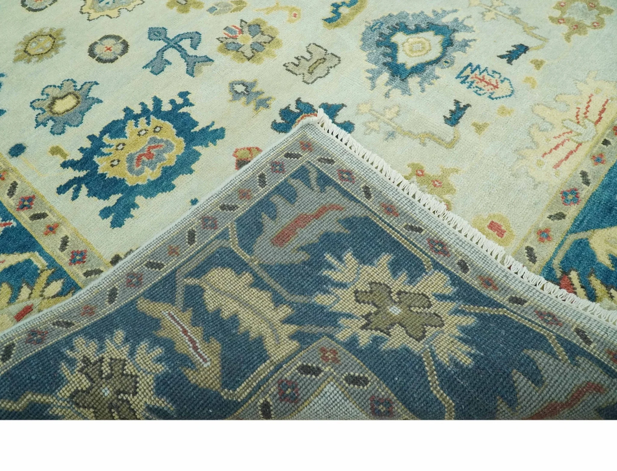 8x10 Hand Knotted Ivory and Blue Traditional Oriental Oushak wool area rug - Image 6