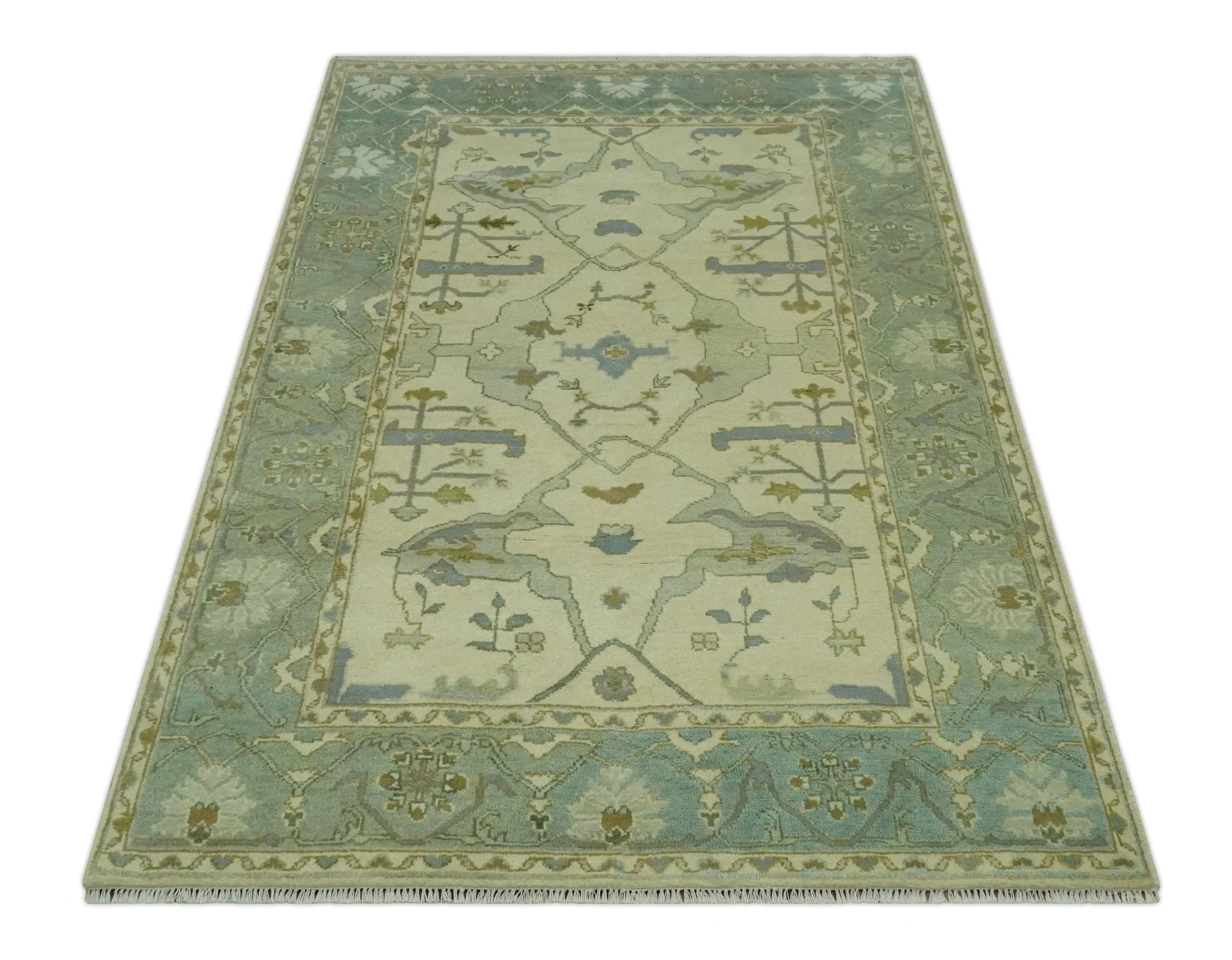 Ivory and Blue 6x9 Hand Knotted Traditional Oriental Oushak wool area rug - Image 10