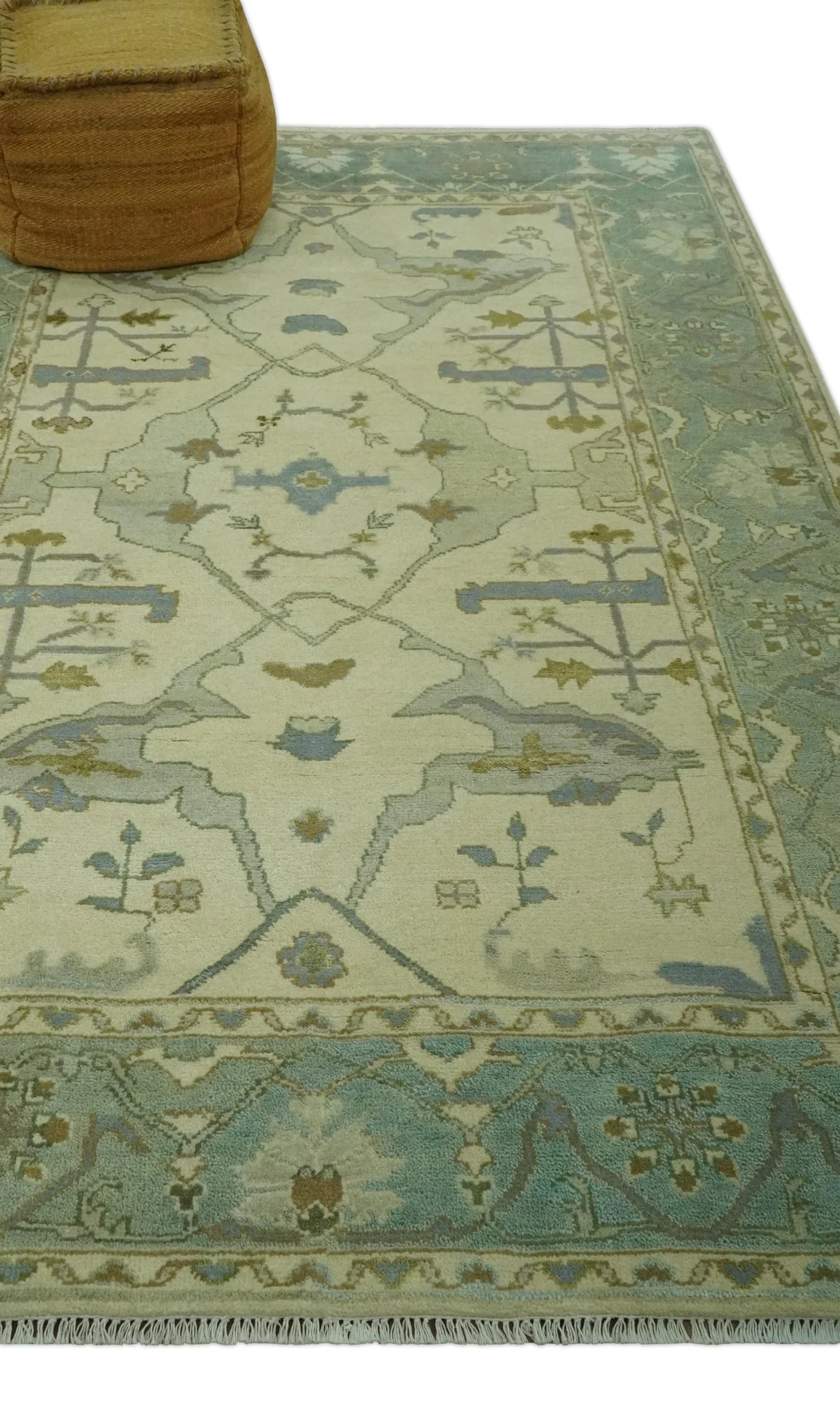 Ivory and Blue 6x9 Hand Knotted Traditional Oriental Oushak wool area rug - Image 3