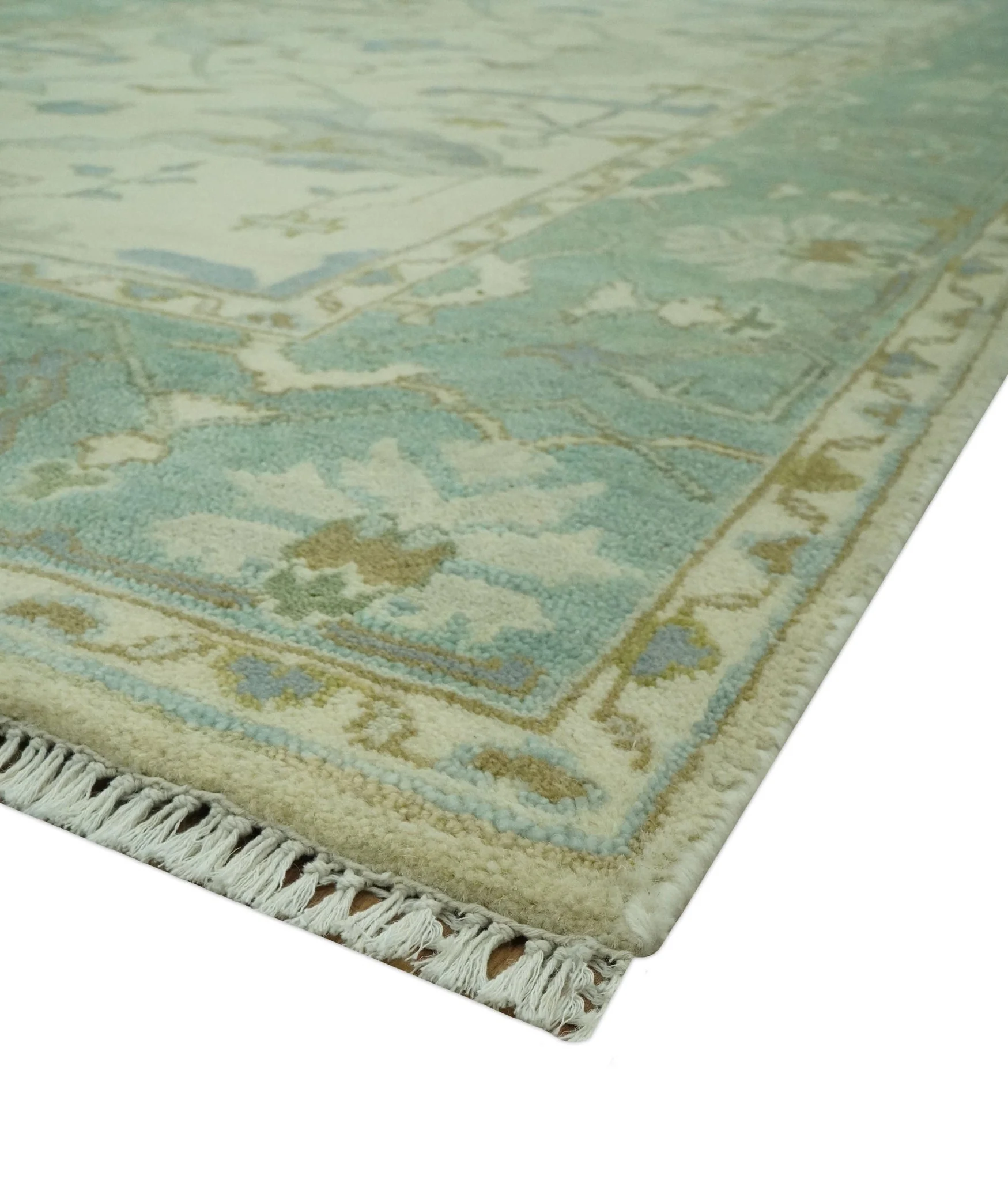 Ivory and Blue 6x9 Hand Knotted Traditional Oriental Oushak wool area rug - Image 5