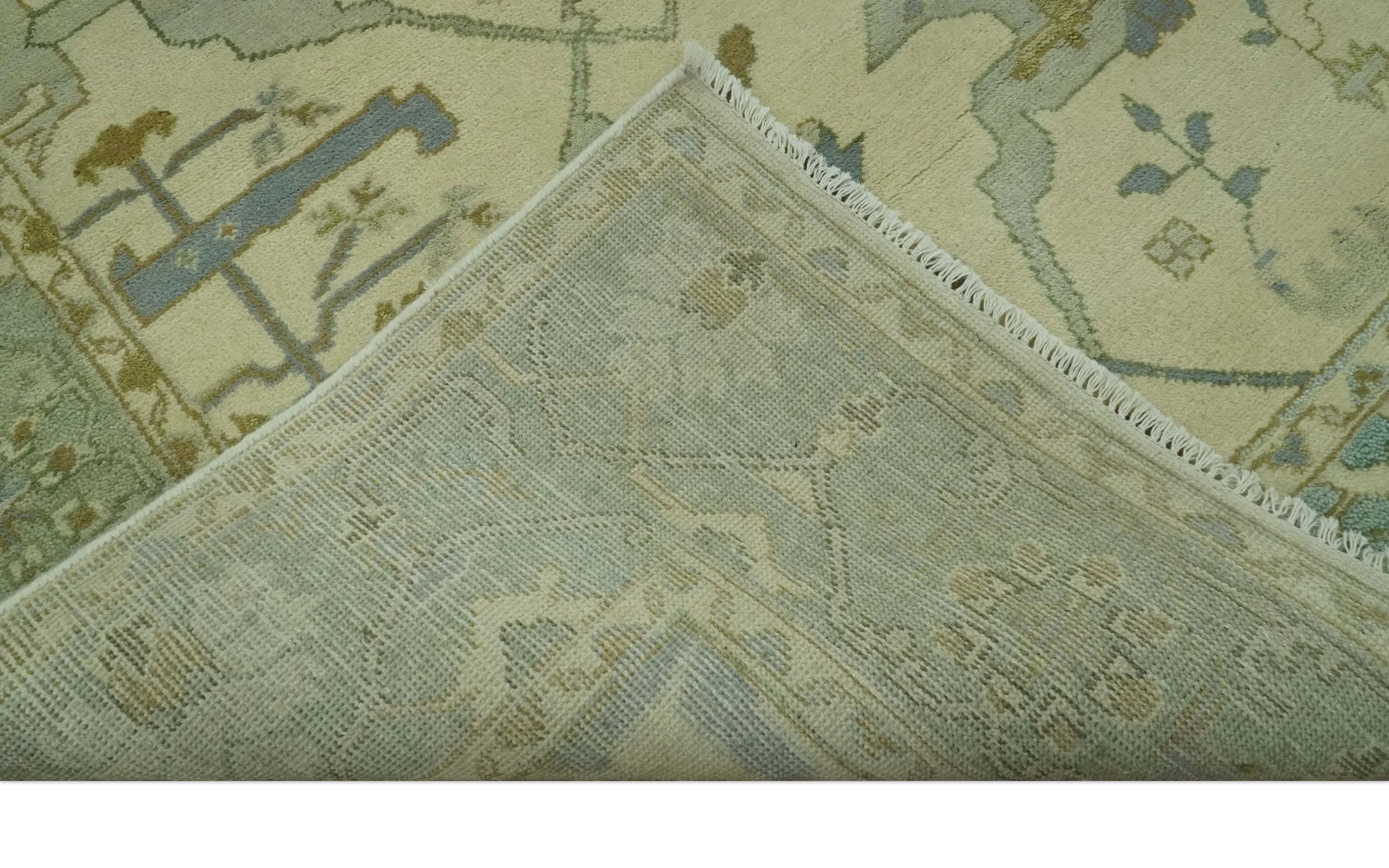 Ivory and Blue 6x9 Hand Knotted Traditional Oriental Oushak wool area rug - Image 7