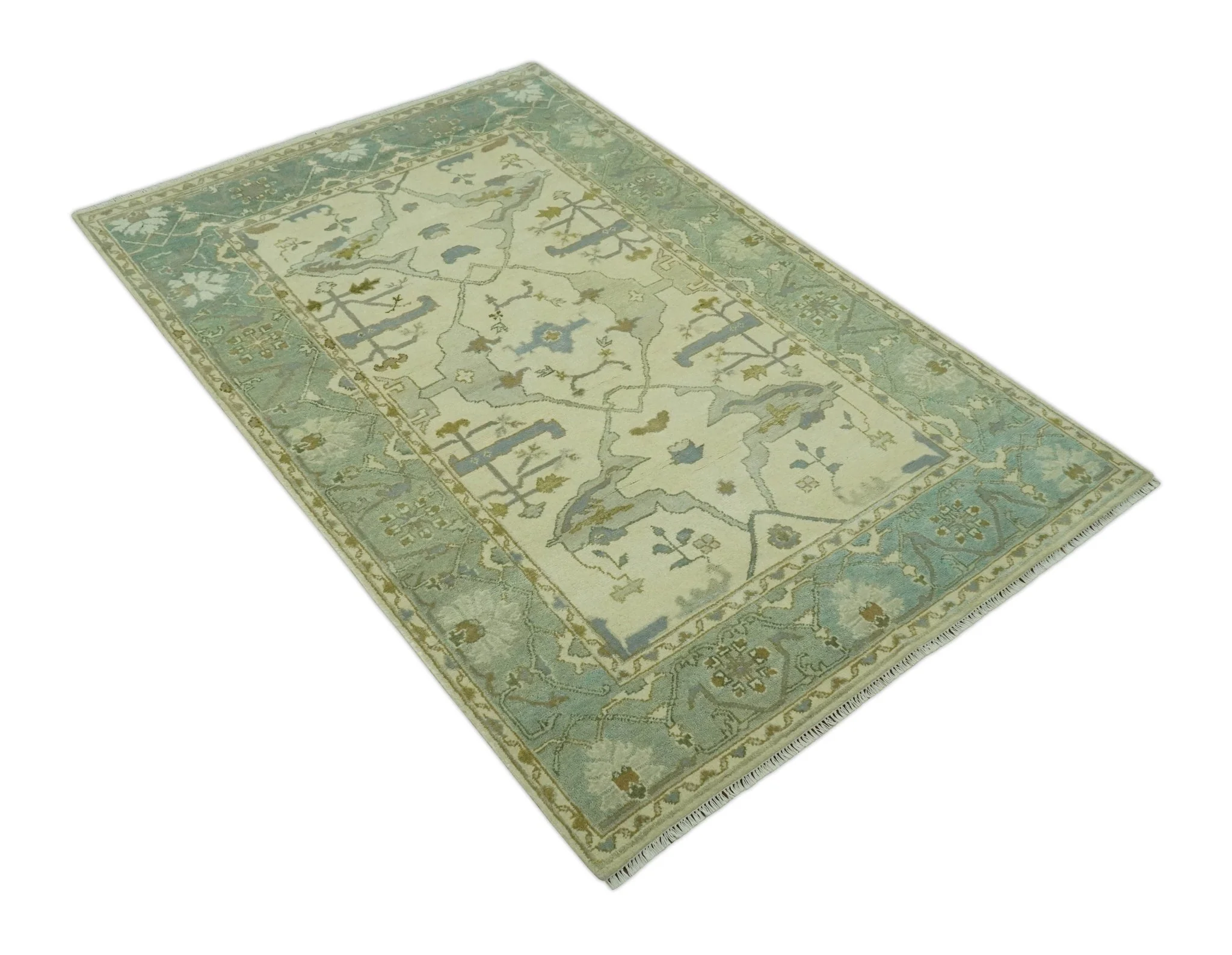 Ivory and Blue 6x9 Hand Knotted Traditional Oriental Oushak wool area rug - Image 9