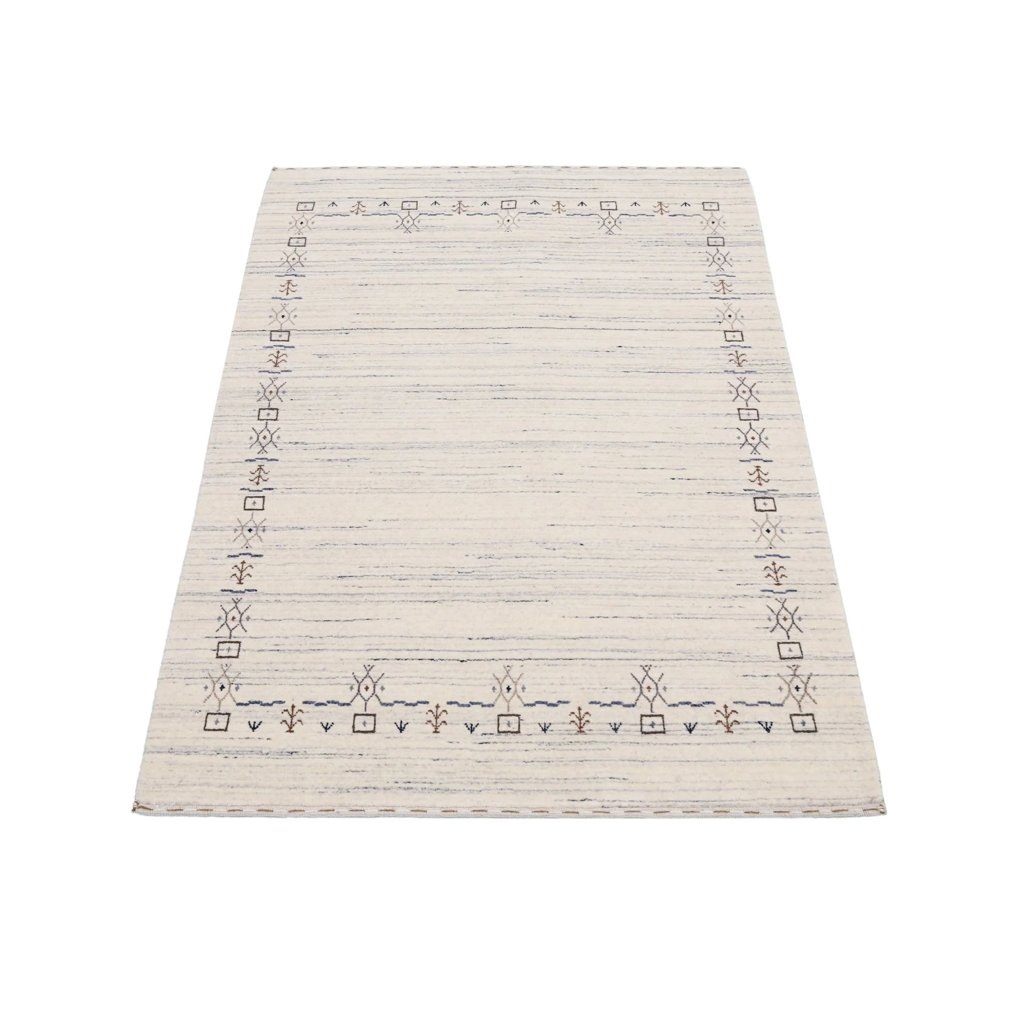 Ivory And Blue Tribal Border Design Hand Loomed Wool Area Rug - Image 3