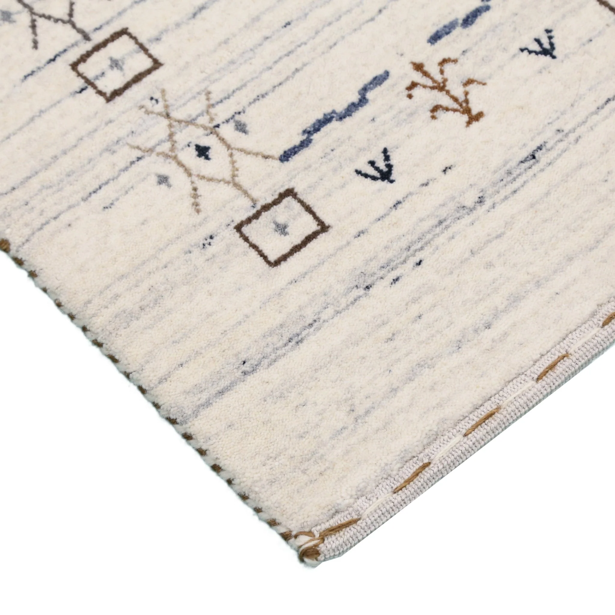 Ivory And Blue Tribal Border Design Hand Loomed Wool Area Rug - Image 5