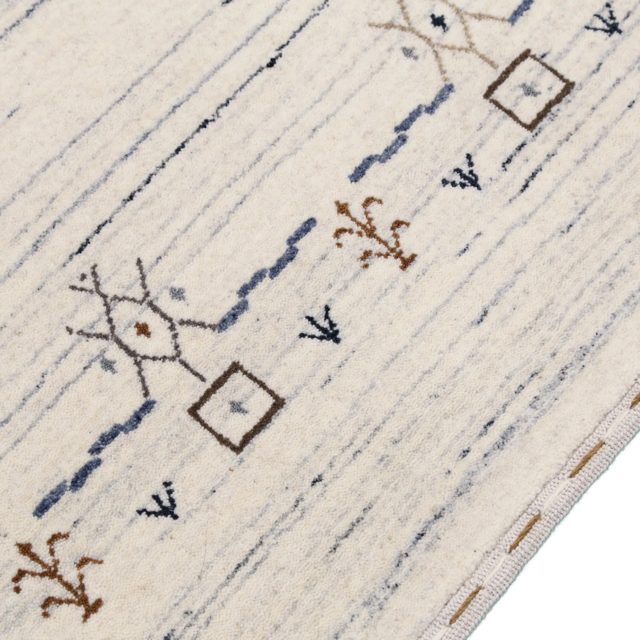 Ivory And Blue Tribal Border Design Hand Loomed Wool Area Rug - Image 9