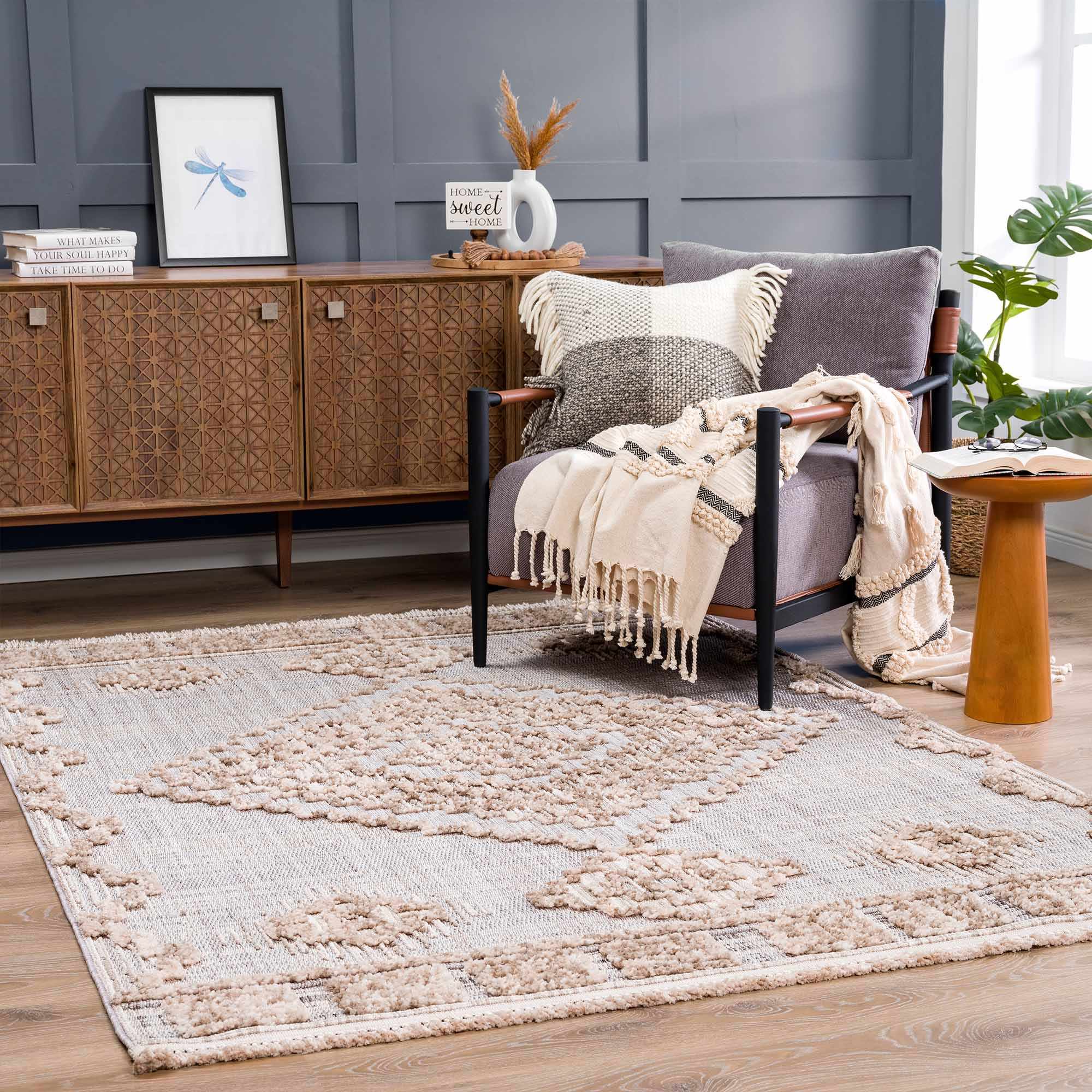 Ivory and Brown Cable Knit design Geometrical Carved Texture Area Rug - Image 12