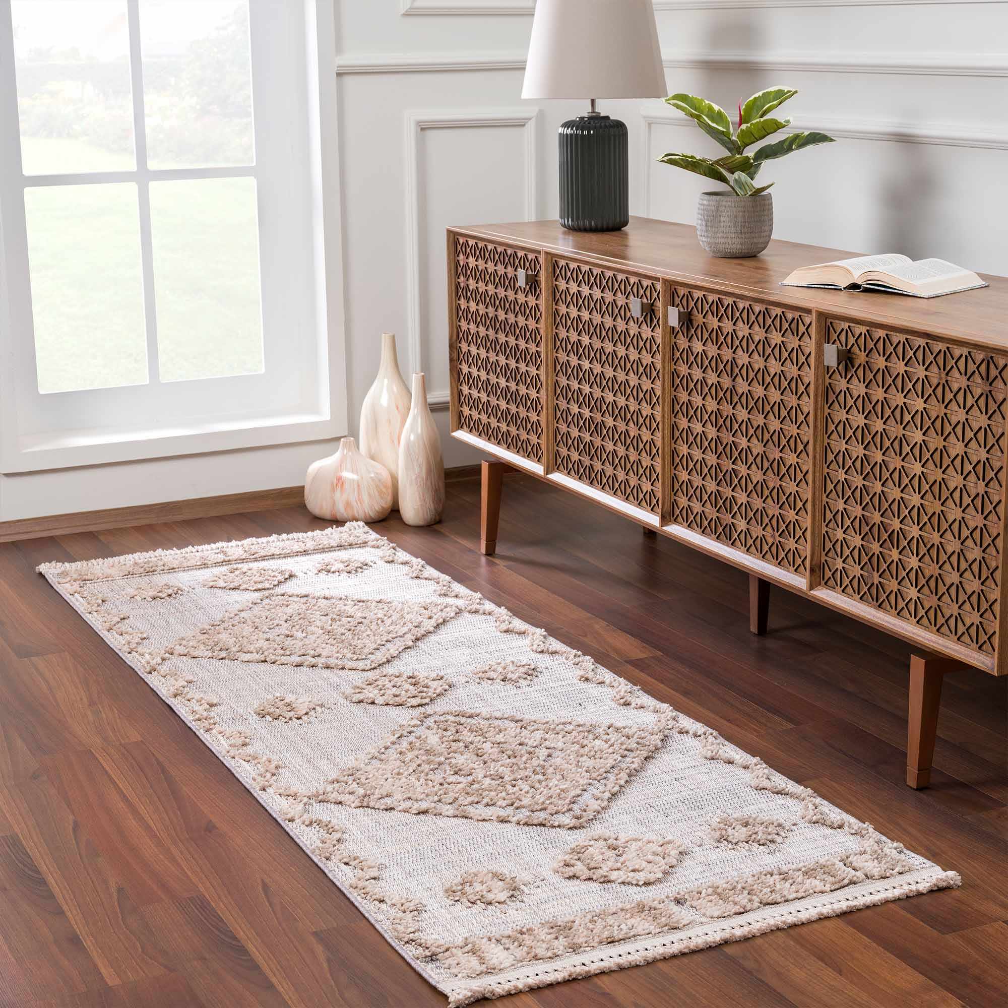 Ivory and Brown Cable Knit design Geometrical Carved Texture Area Rug - Image 13