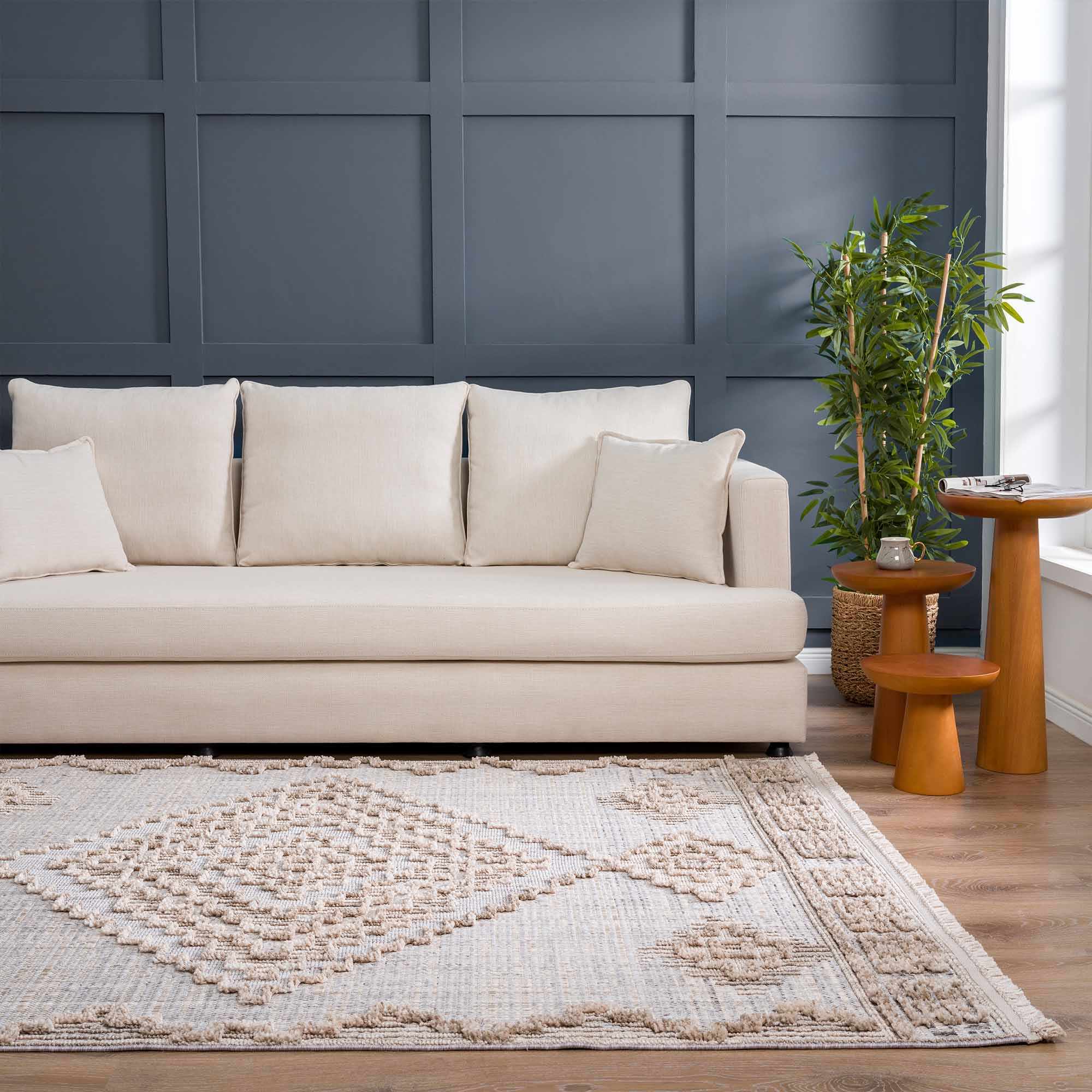 Ivory and Brown Cable Knit design Geometrical Carved Texture Area Rug - Image 22