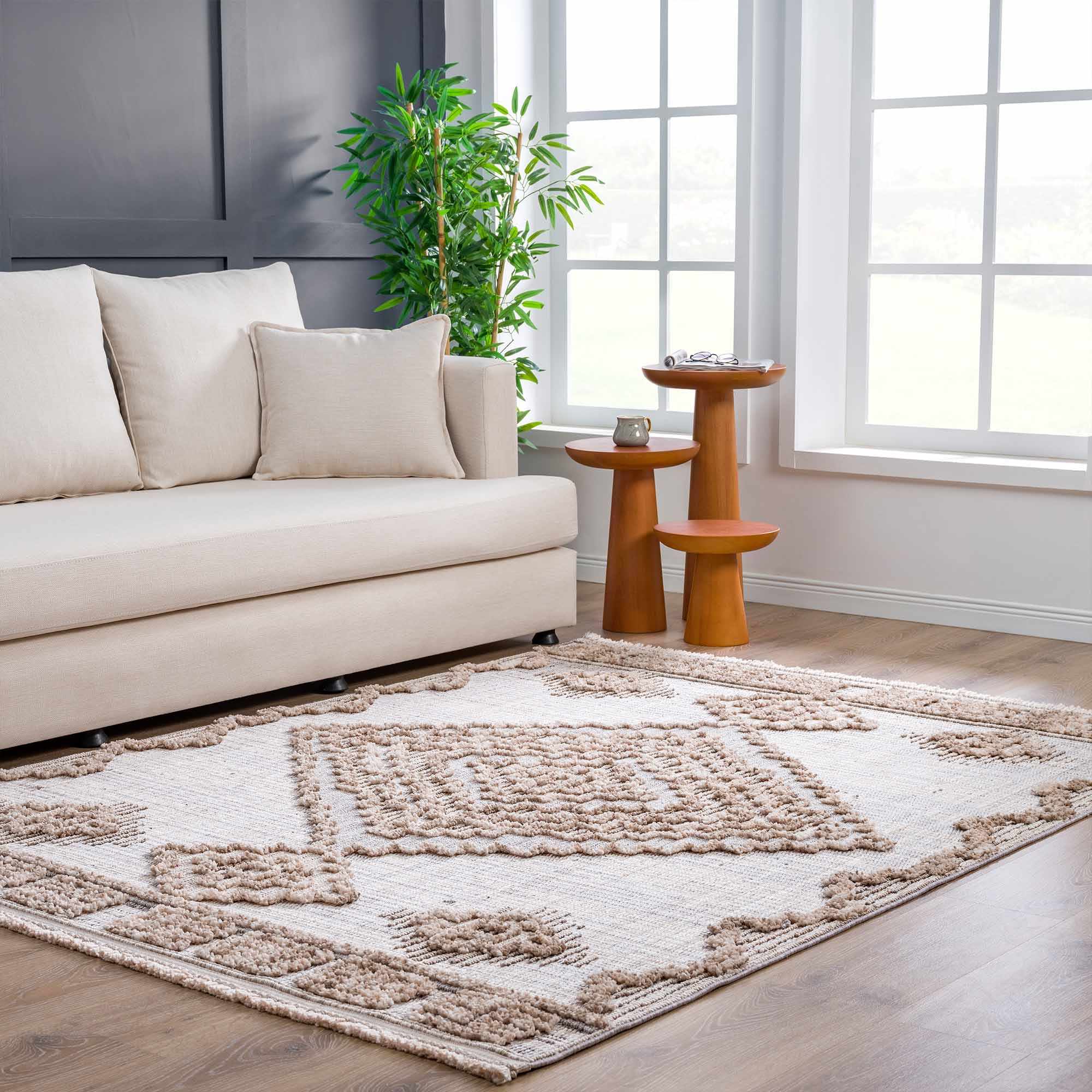 Ivory and Brown Cable Knit design Geometrical Carved Texture Area Rug - Image 23