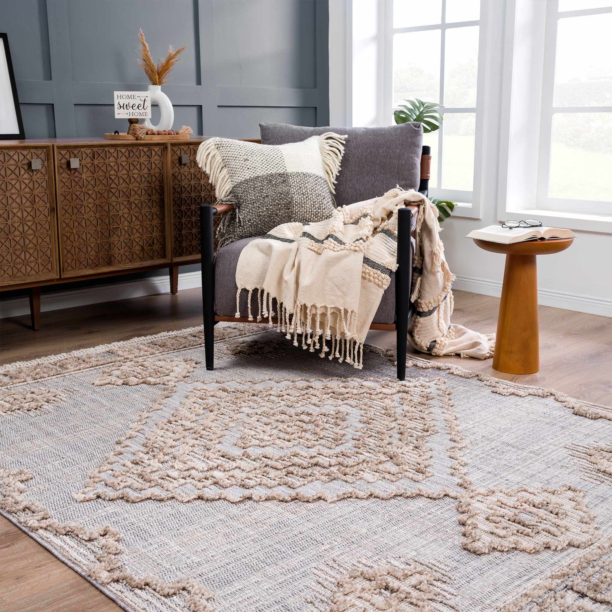 Ivory and Brown Cable Knit design Geometrical Carved Texture Area Rug - Image 24