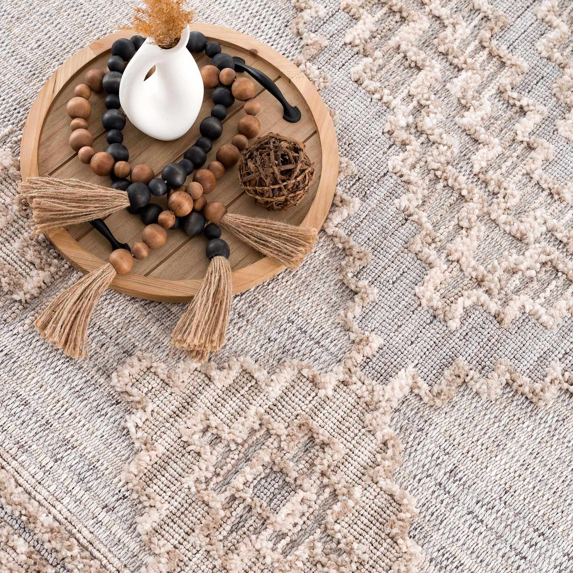 Ivory and Brown Cable Knit design Geometrical Carved Texture Area Rug - Image 5