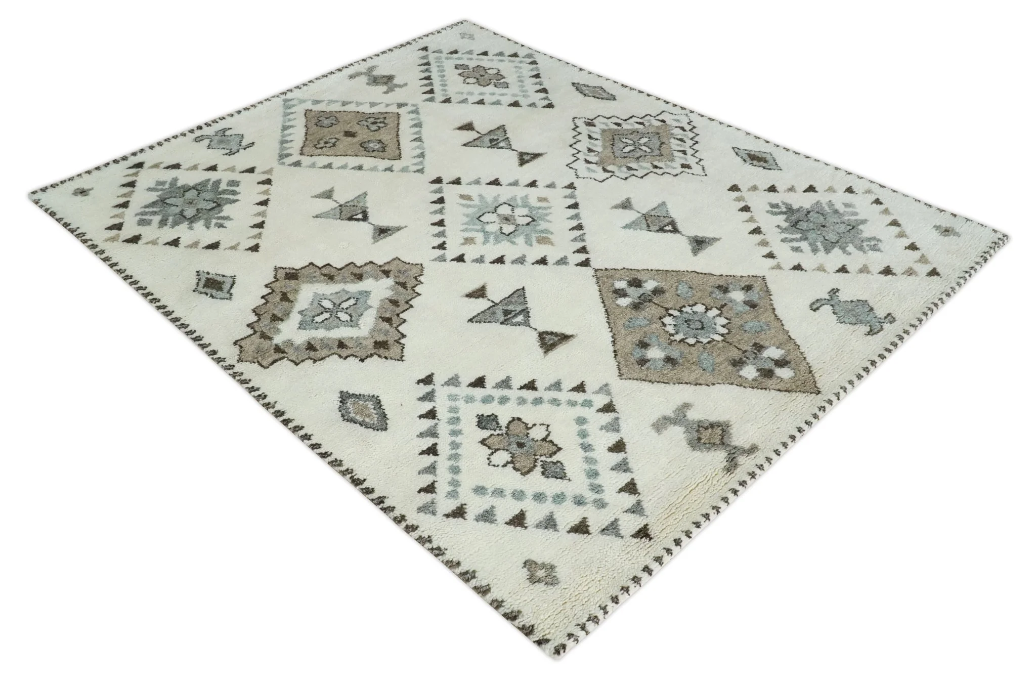 Tribal Design 8x10 Ivory and Brown Traditional Geometrical Pattern Hand Knotted Wool Area Rug - Image 10