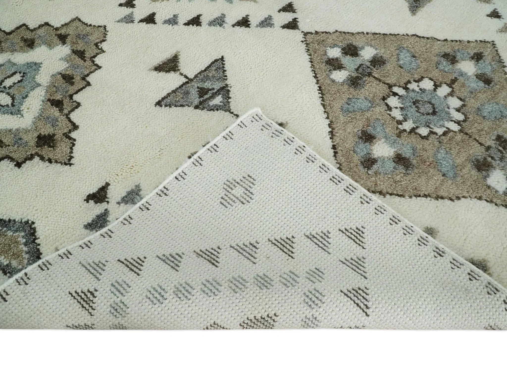 Tribal Design 8x10 Ivory and Brown Traditional Geometrical Pattern Hand Knotted Wool Area Rug - Image 7