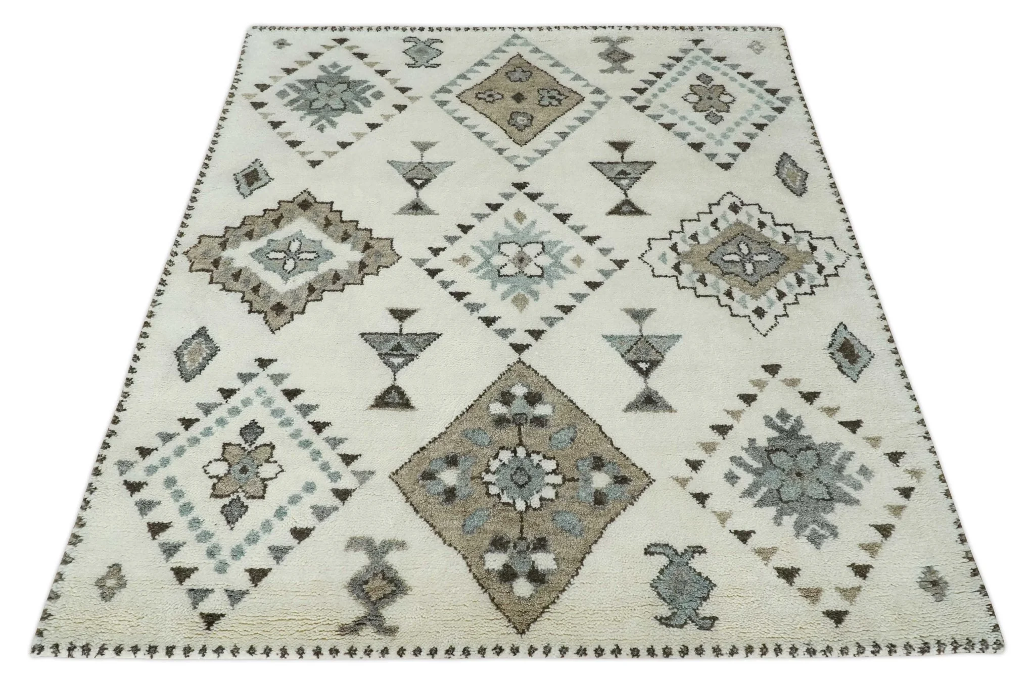 Tribal Design 8x10 Ivory and Brown Traditional Geometrical Pattern Hand Knotted Wool Area Rug - Image 9