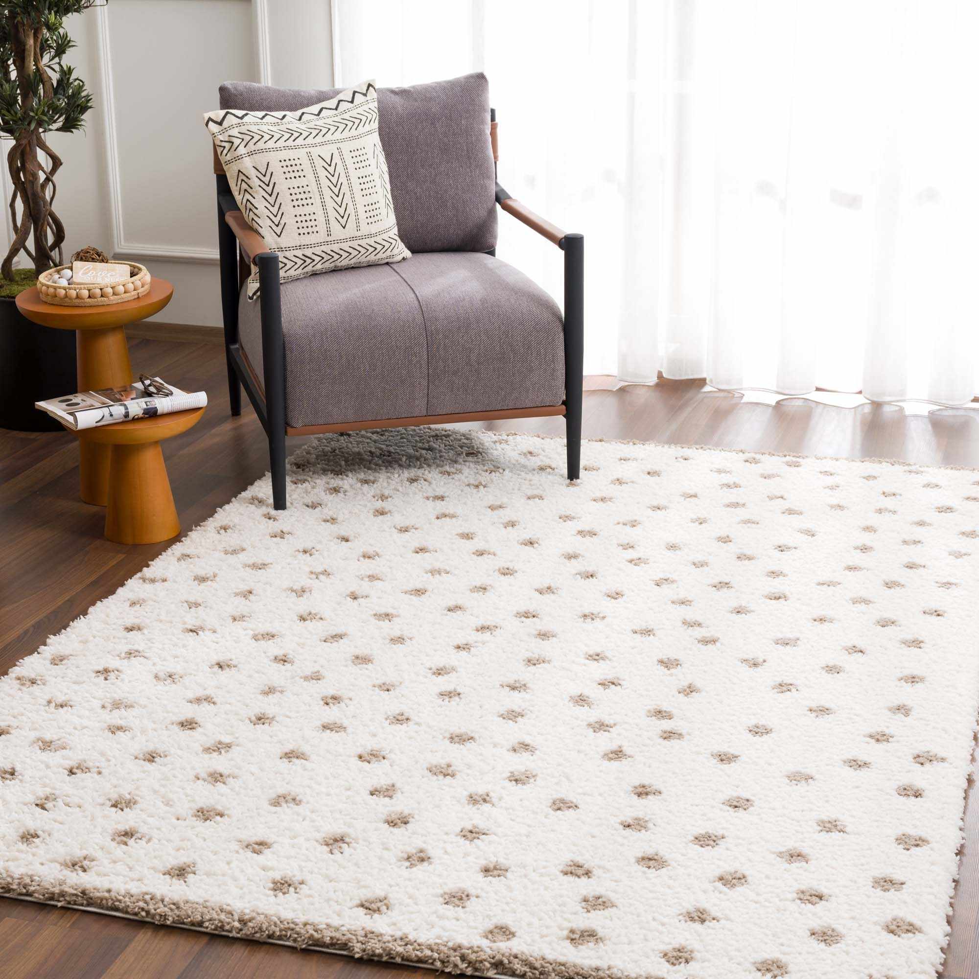 Modern Contemporary Dotted Ivory and Brown Plush Pile Moroccan style Area Rug - Image 13