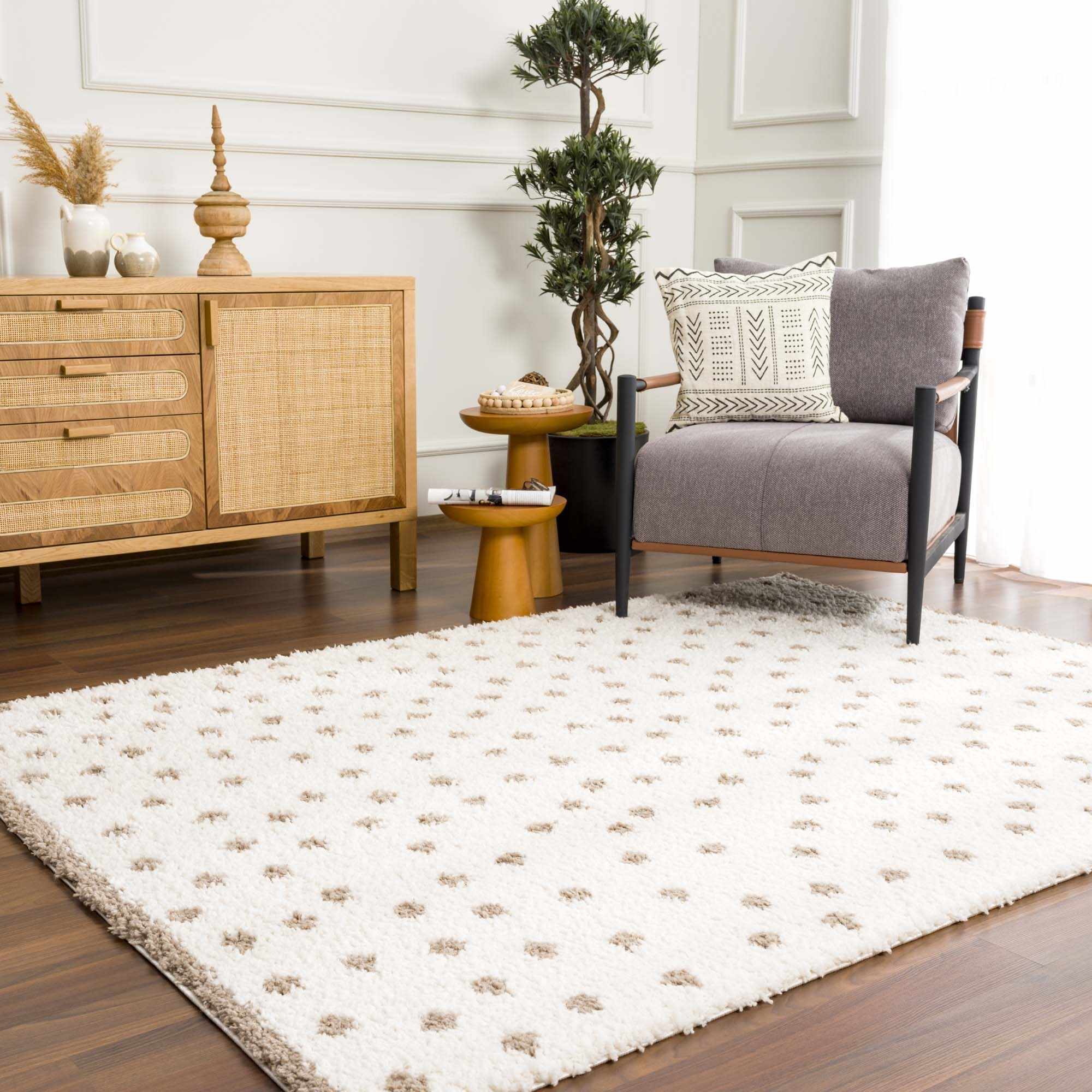 Modern Contemporary Dotted Ivory and Brown Plush Pile Moroccan style Area Rug - Image 15